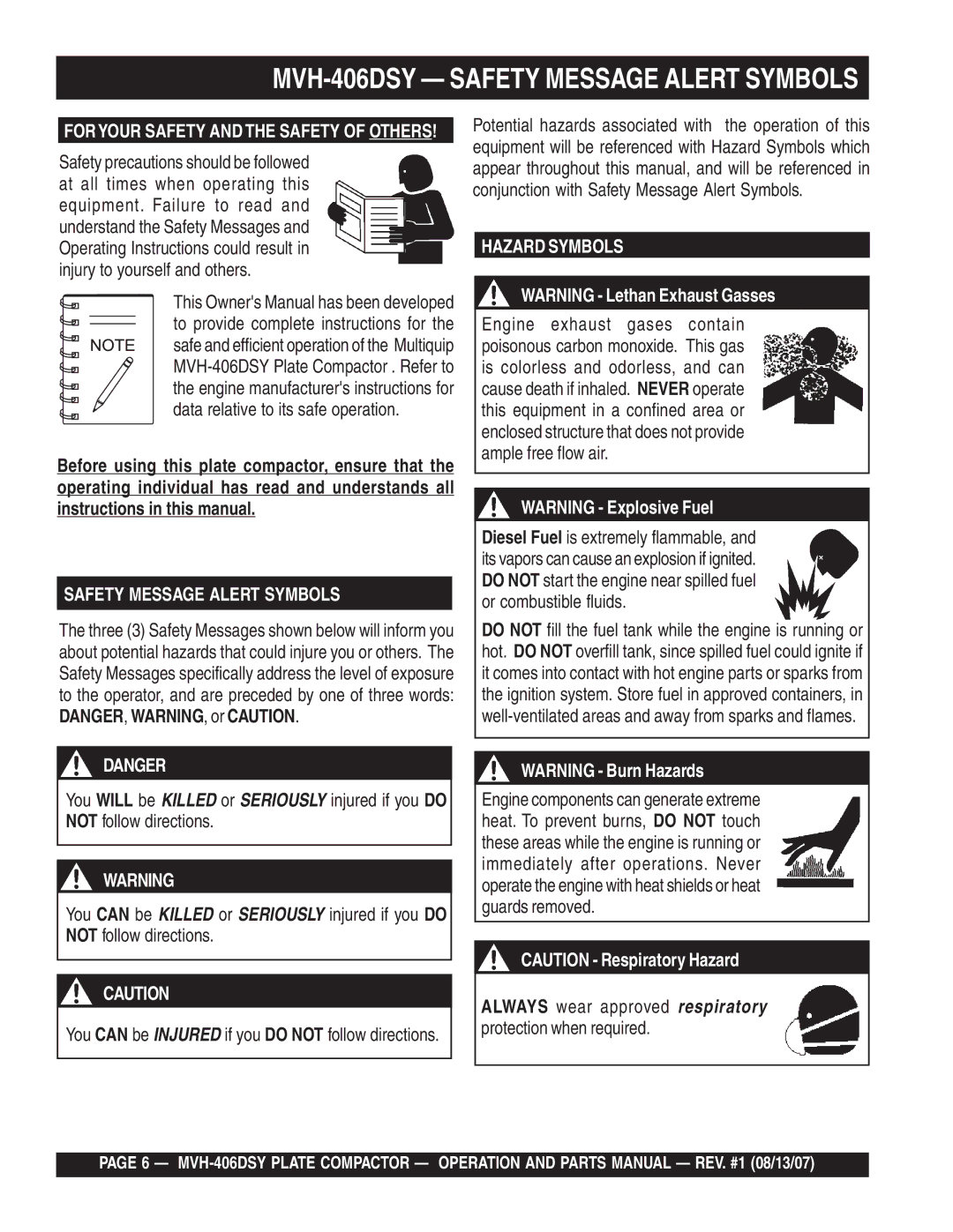 Multiquip manual MVH-406DSY Safety Message Alert Symbols 