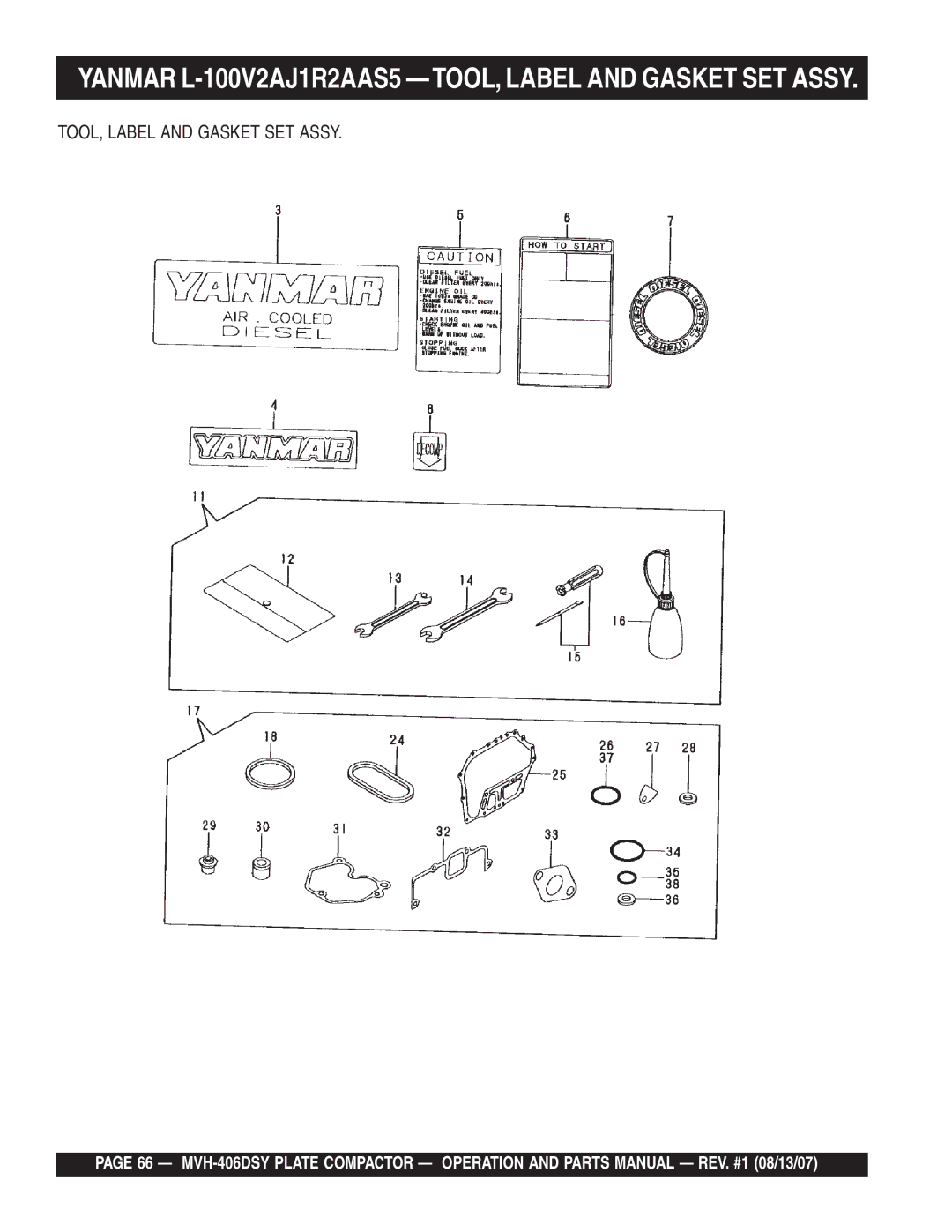 Multiquip MVH-406DSY manual Yanmar L-100V2AJ1R2AAS5 -TOOL, Label and Gasket SET Assy 