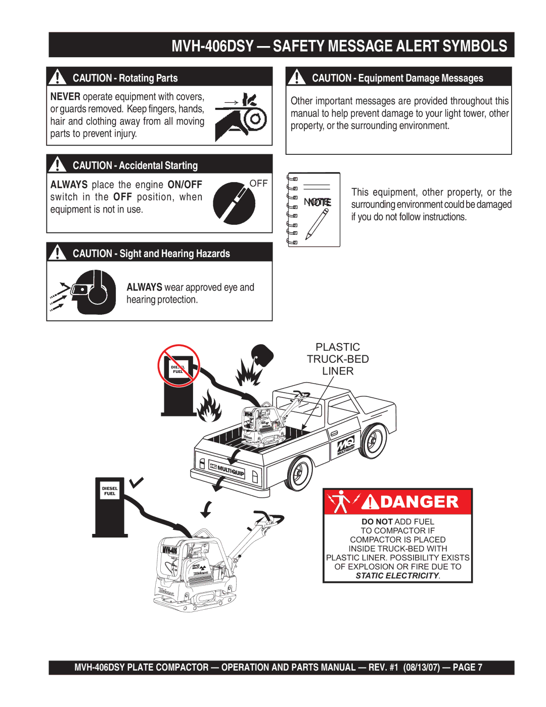 Multiquip manual MVH-406DSY Safety Message Alert Symbols, Always wear approved eye and hearing protection 