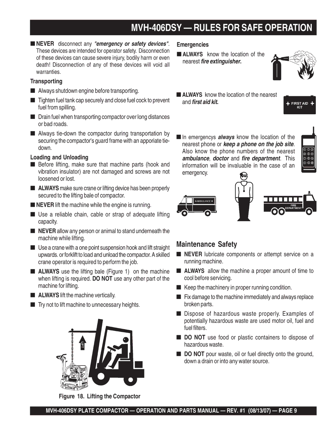 Multiquip manual MVH-406DSY Rules for Safe Operation, Transporting, Loading and Unloading, Emergencies 