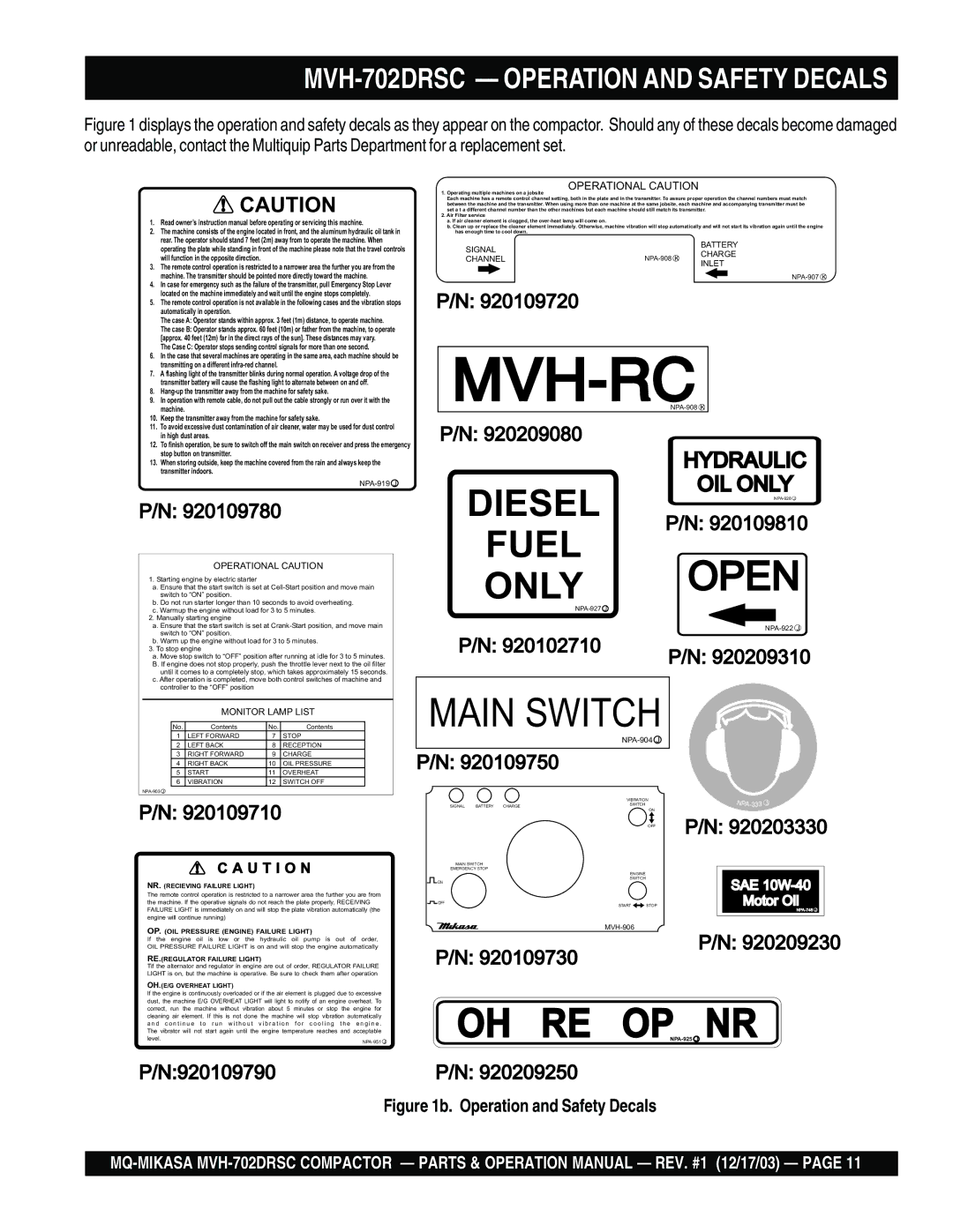 Multiquip MVH-702DRSC manual Mvh-Rc 