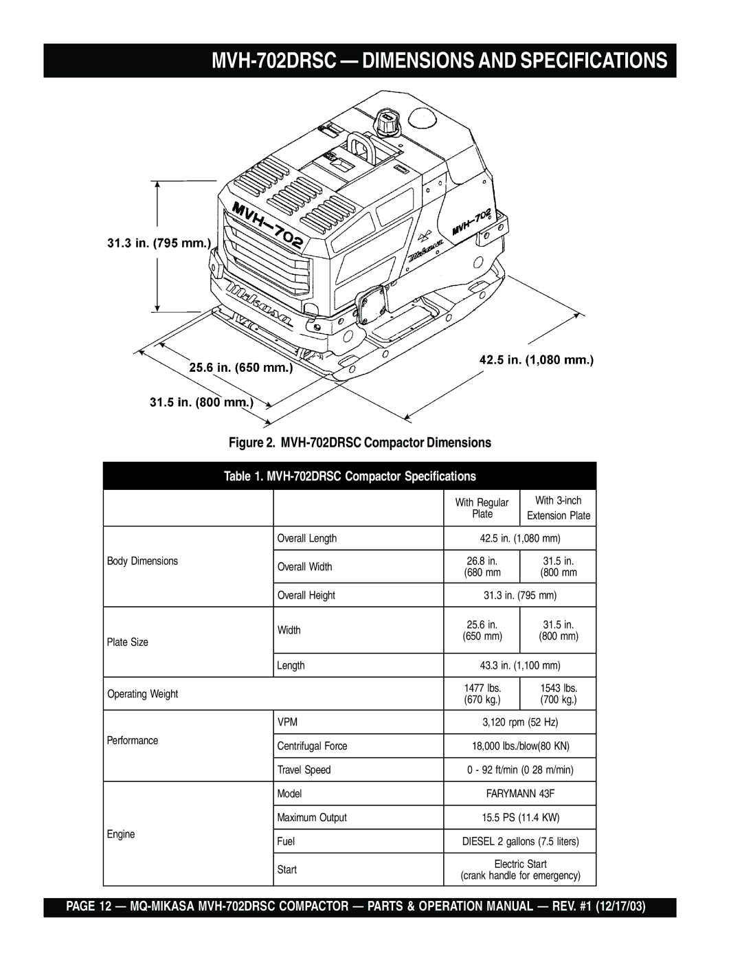 Multiquip manual MVH-702DRSC Dimensions and Specifications 