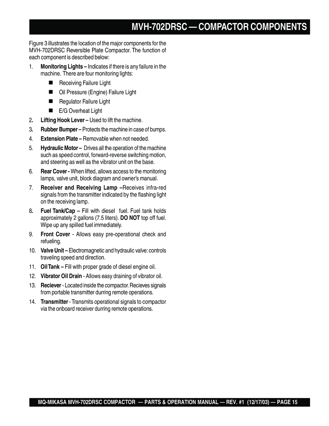 Multiquip MVH-702DRSC manual Receiving Failure Light 