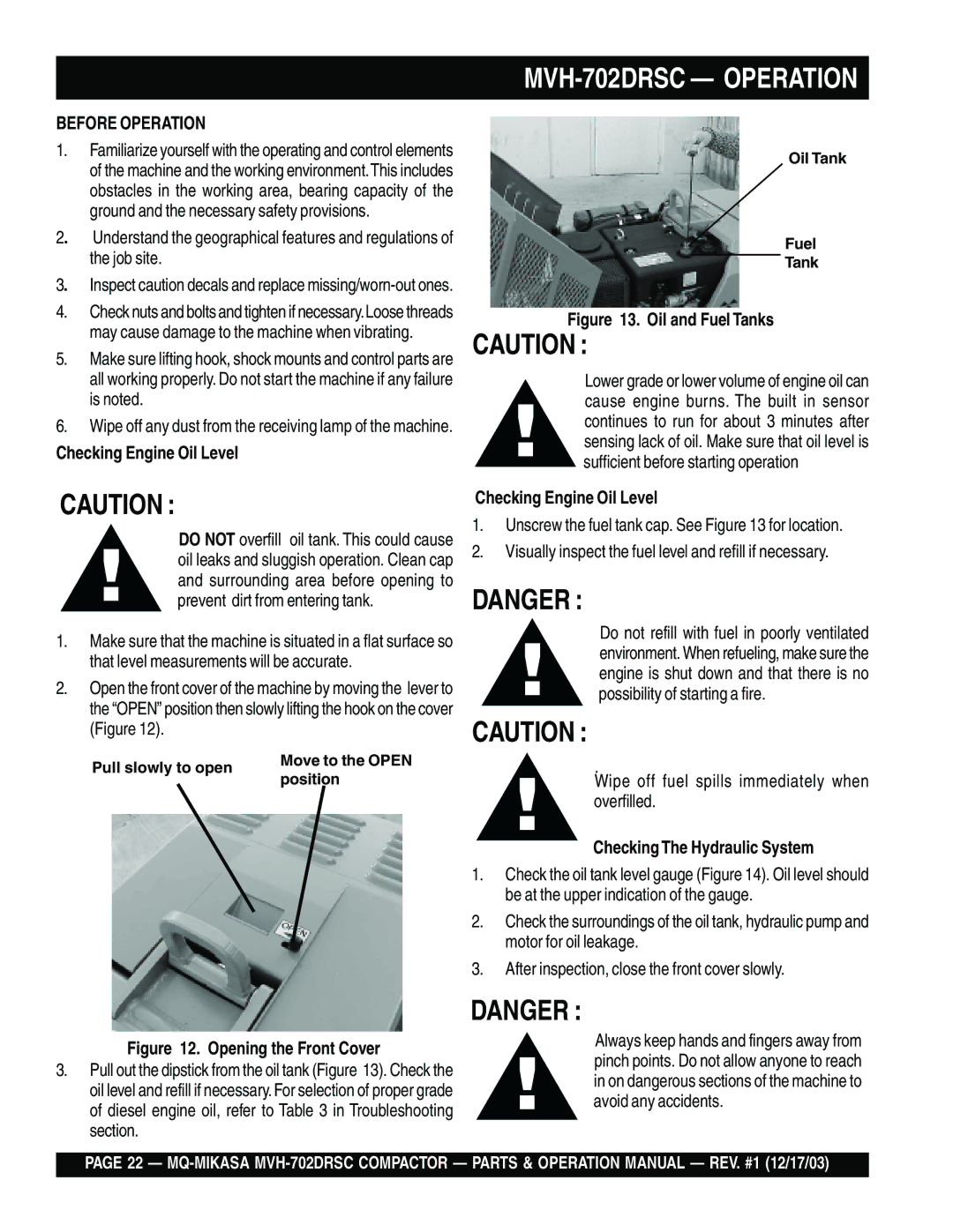 Multiquip manual MVH-702DRSC Operation, Before Operation 