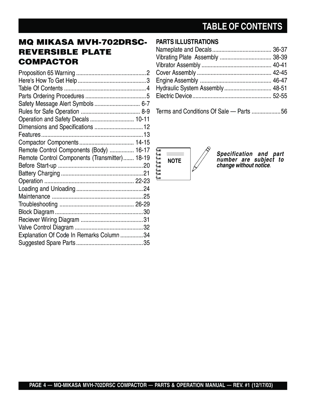 Multiquip MVH-702DRSC manual Table of Contents 