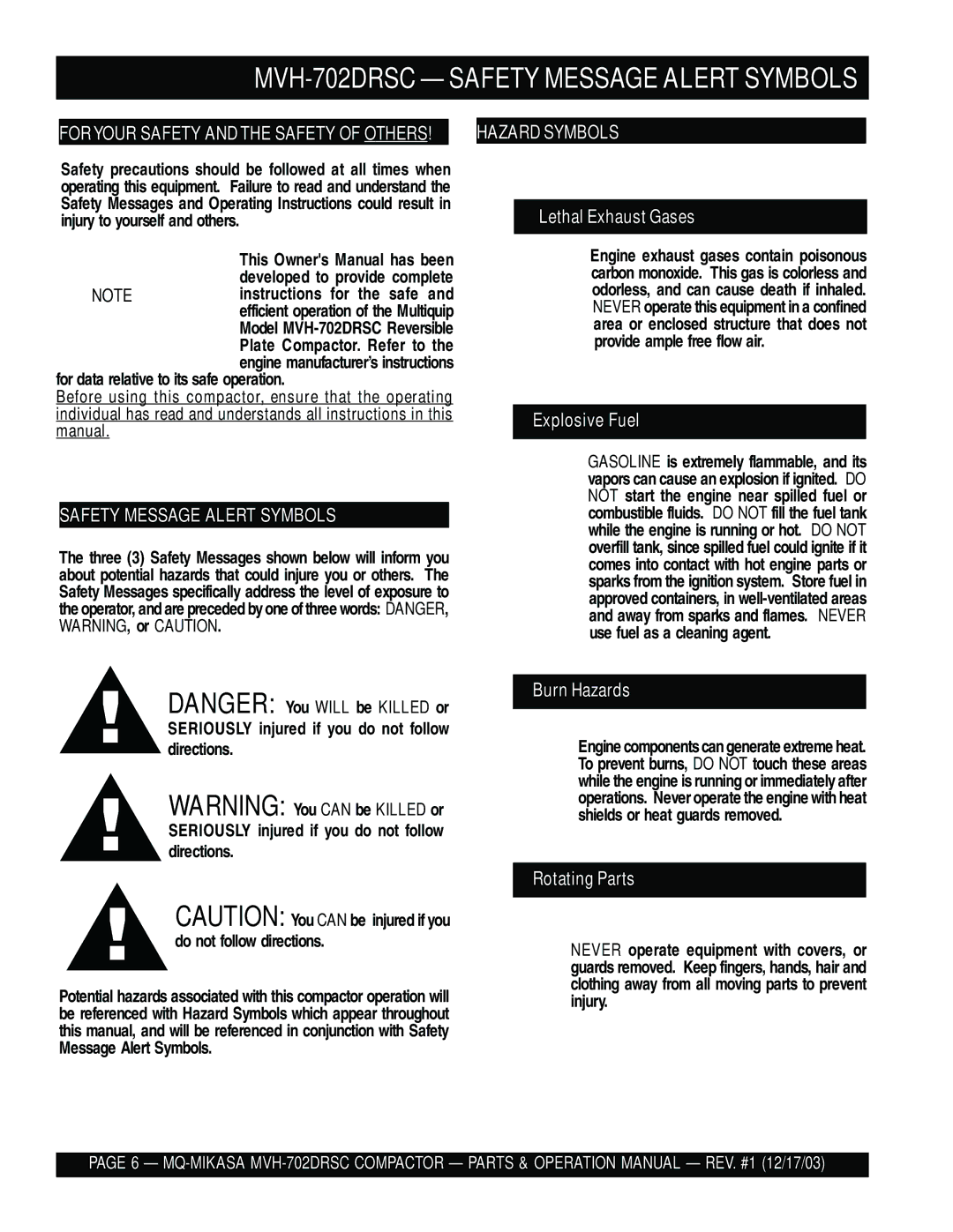 Multiquip manual MVH-702DRSC Safety Message Alert Symbols 