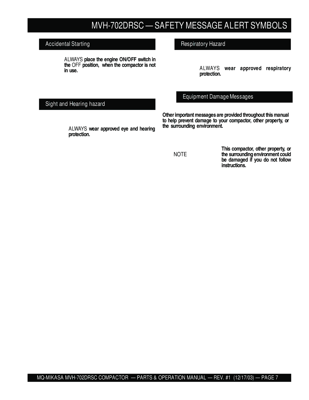 Multiquip manual MVH-702DRSC Safety Message Alert Symbols 