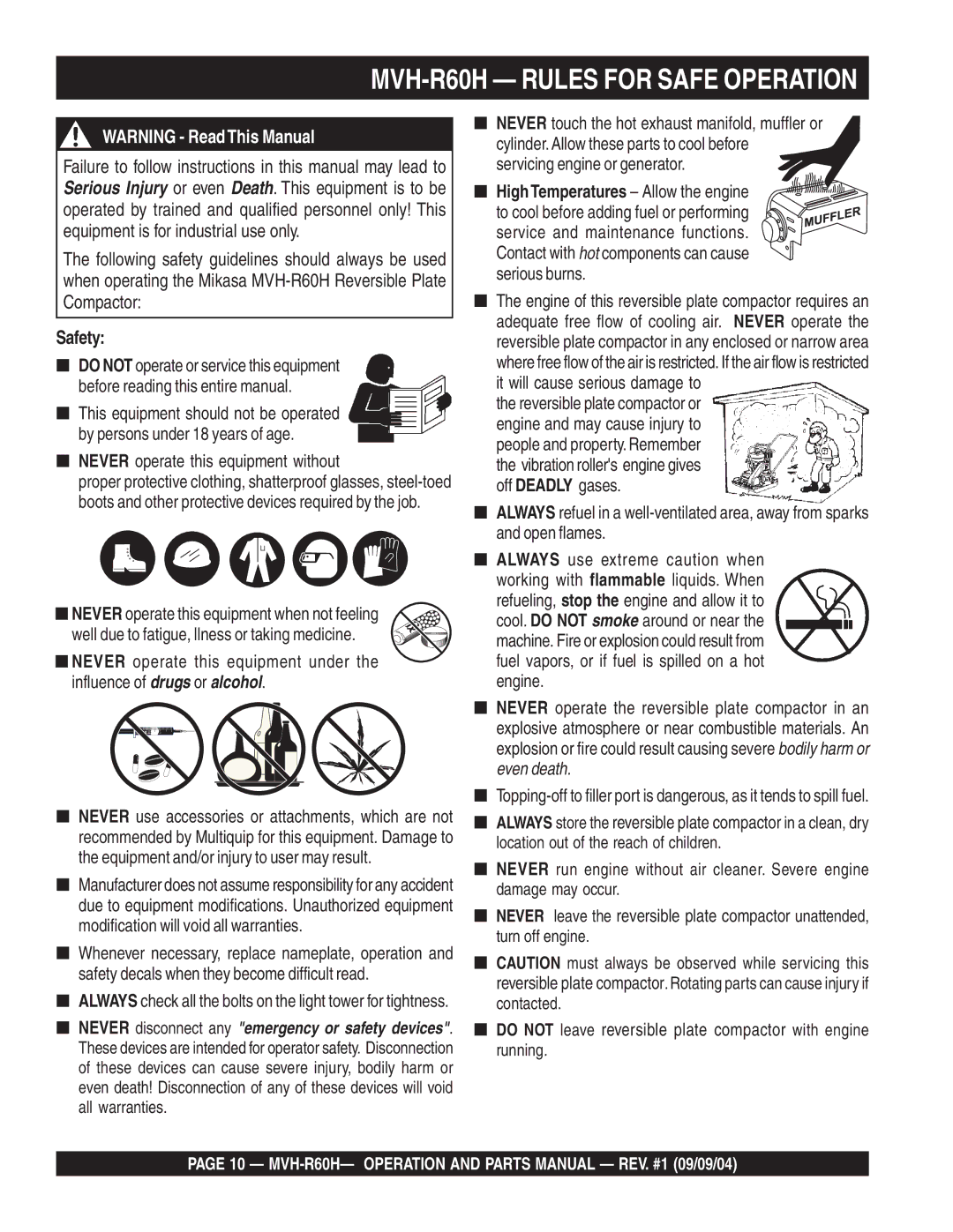 Multiquip manual MVH-R60H Rules for Safe Operation, Never operate this equipment without 