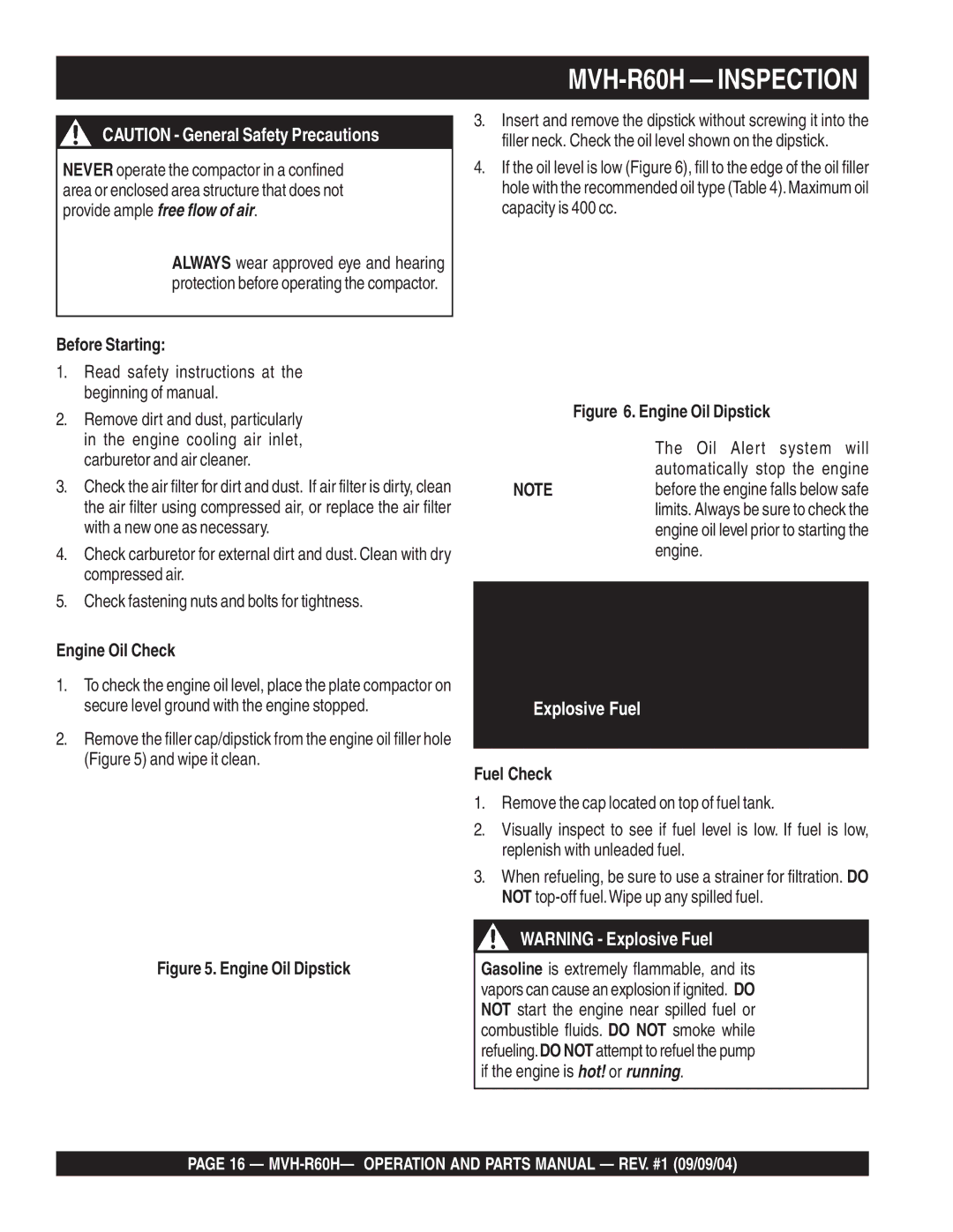 Multiquip manual MVH-R60H Inspection, Before Starting, Engine Oil Check, Fuel Check 