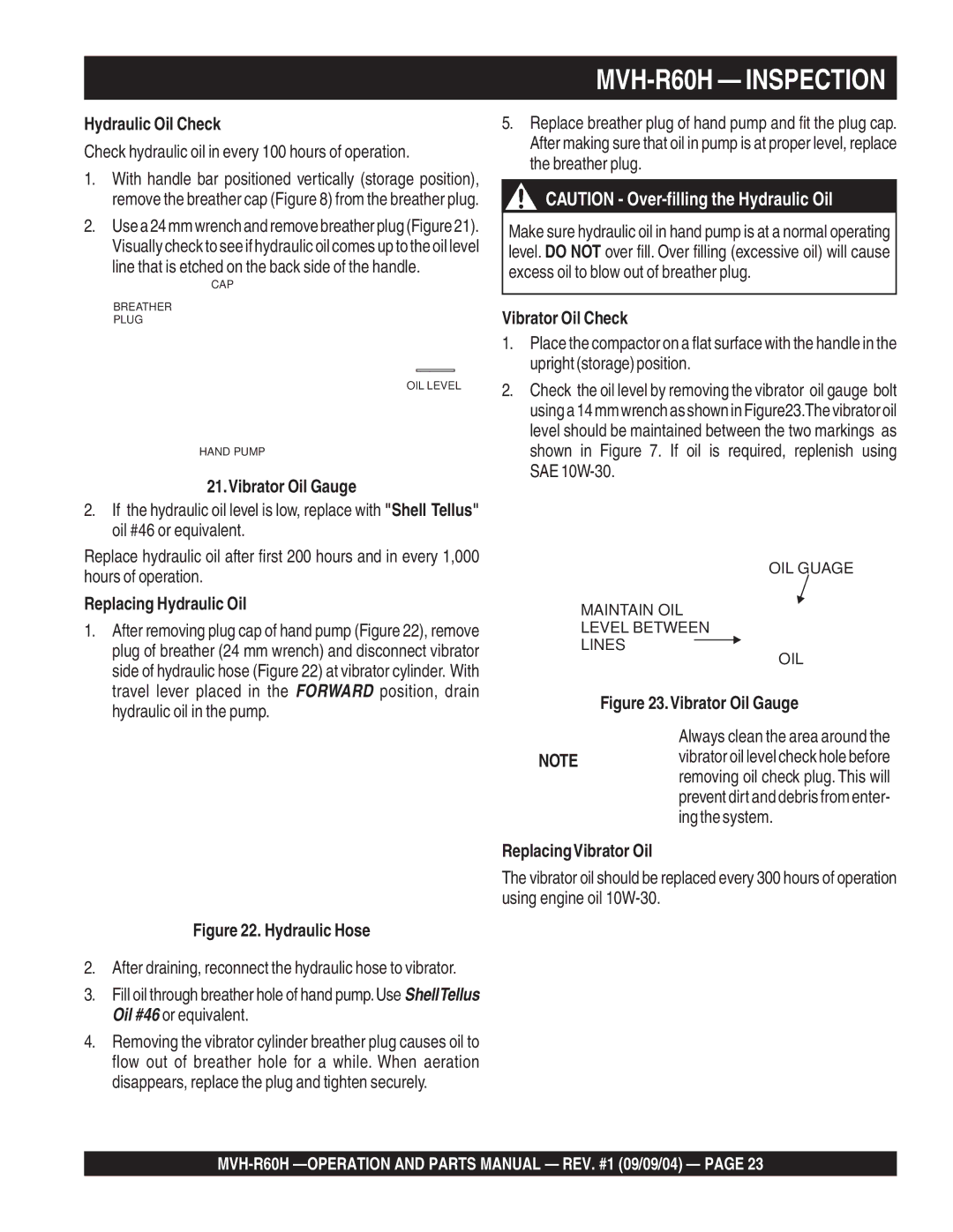 Multiquip MVH-R60H manual Hydraulic Oil Check, Vibrator Oil Gauge, Replacing Hydraulic Oil, Vibrator Oil Check 