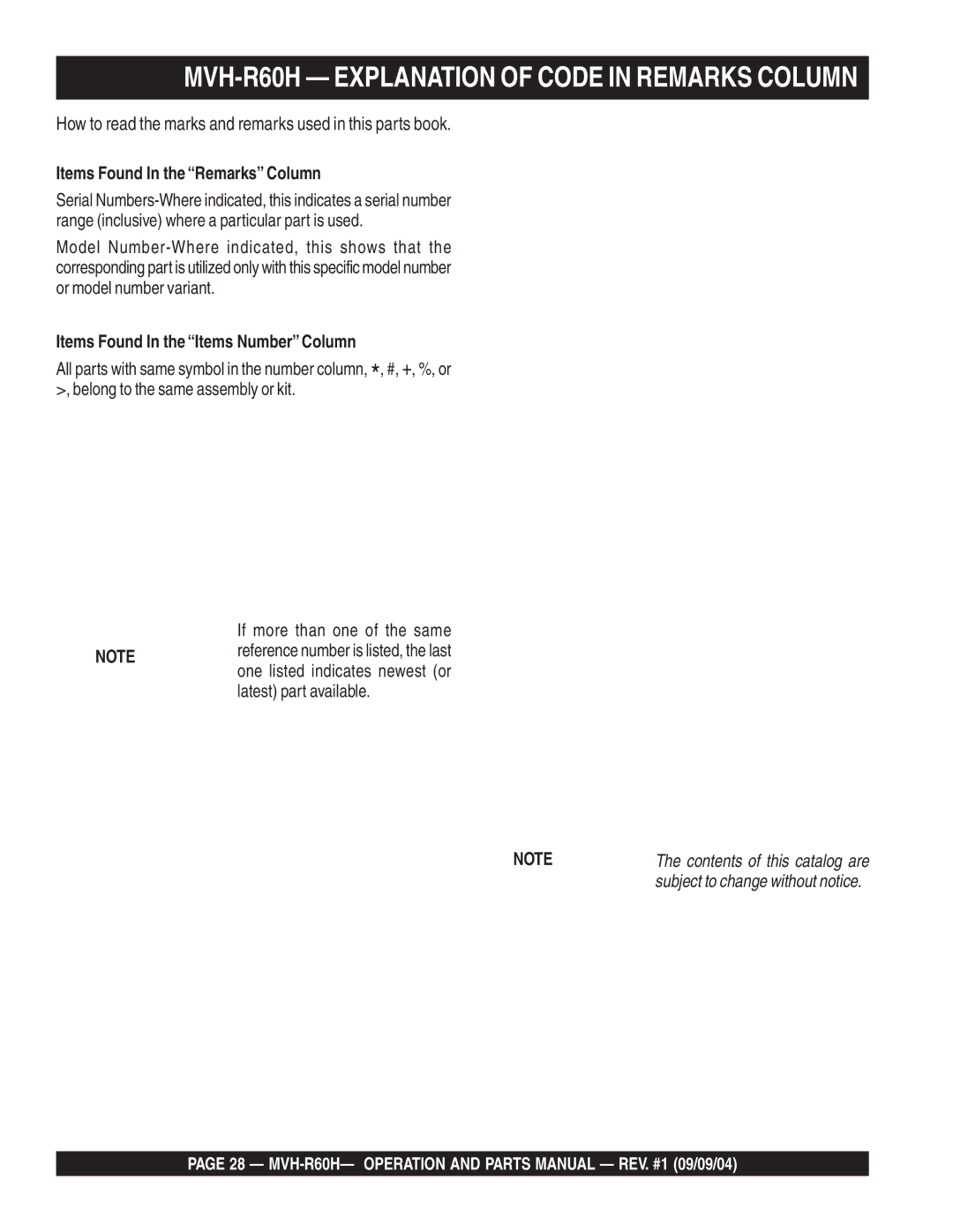 Multiquip manual MVH-R60H Explanation of Code in Remarks Column, Items Found In the Remarks Column 