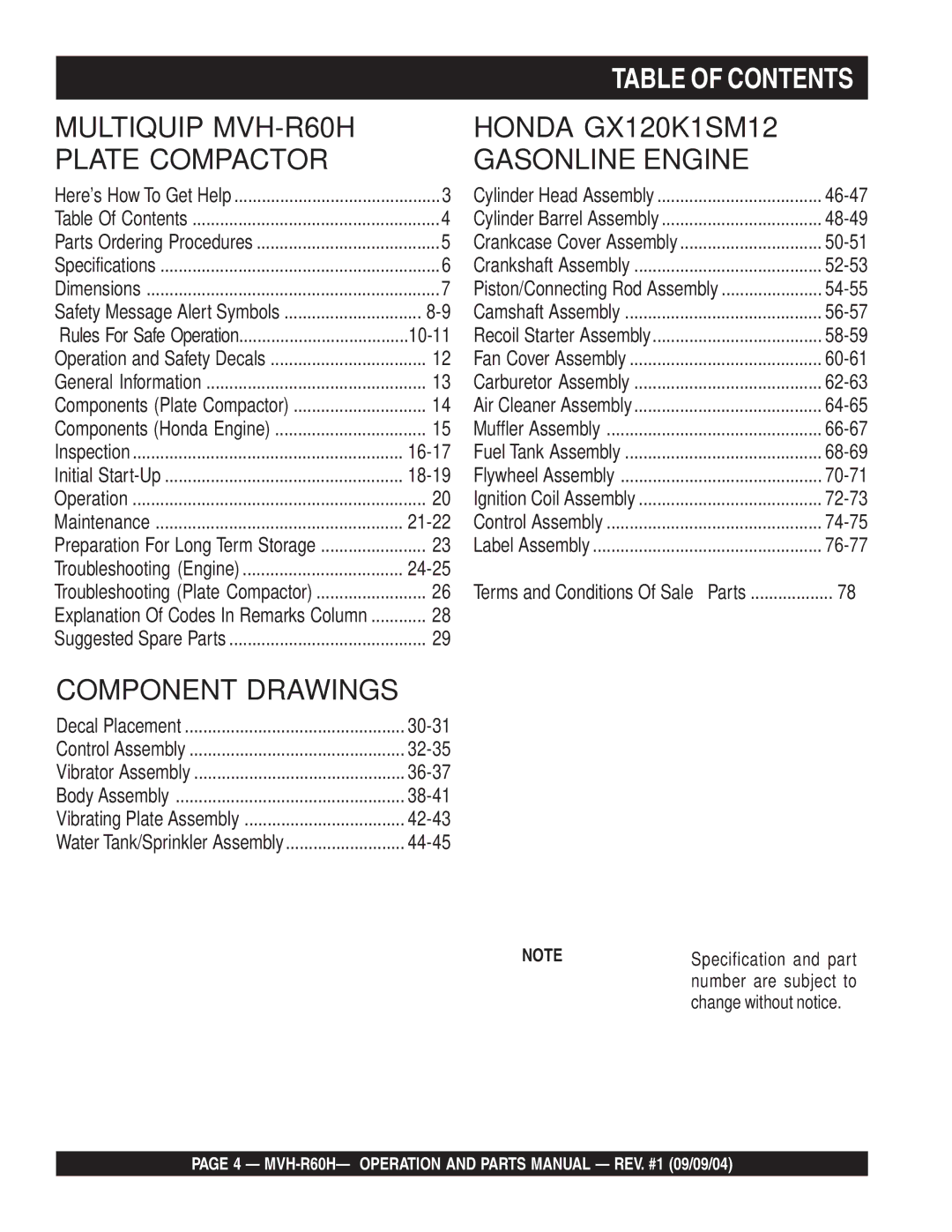 Multiquip MVH-R60H manual Table of Contents 