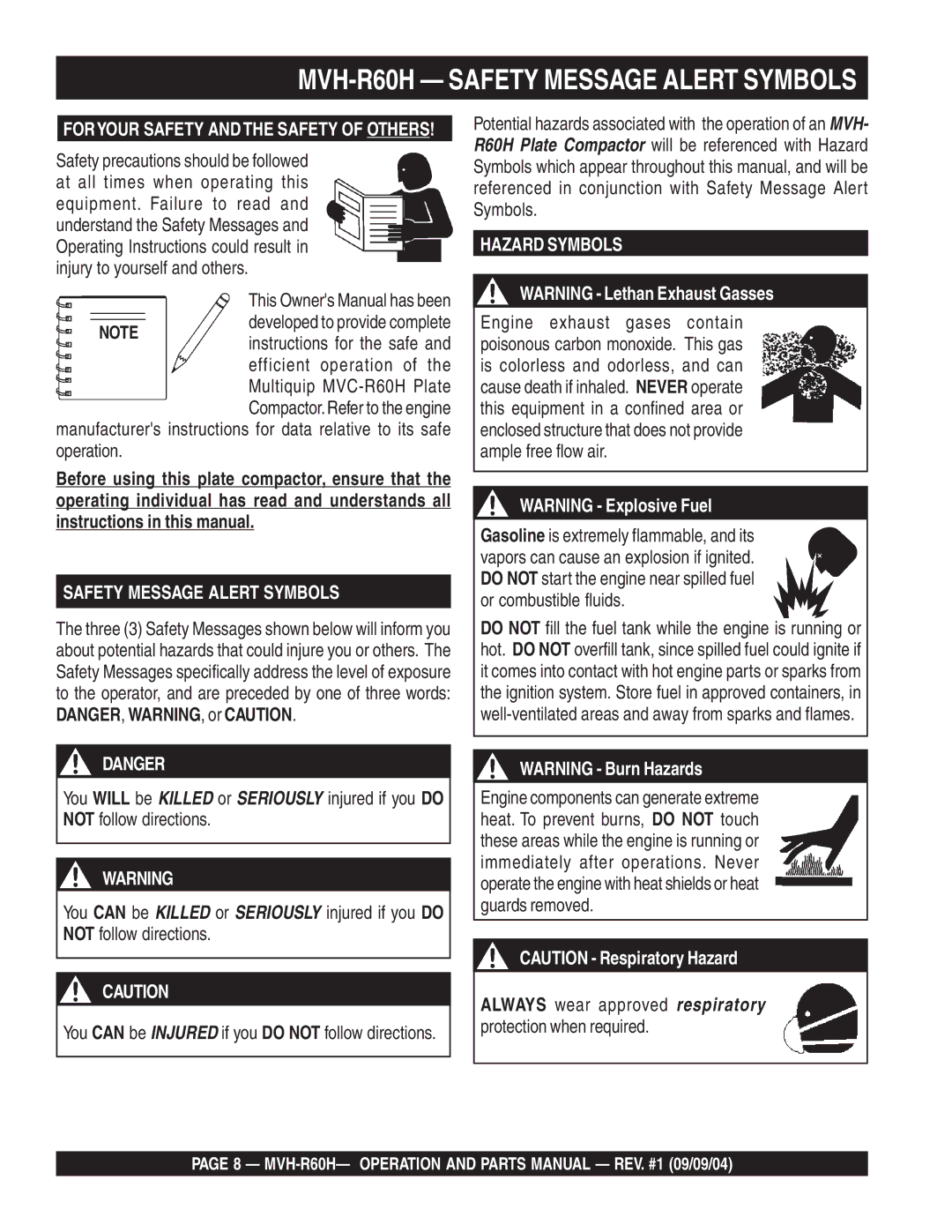 Multiquip MVH-R60H manual Developed to provide complete, Always wear approved respiratory protection when required 