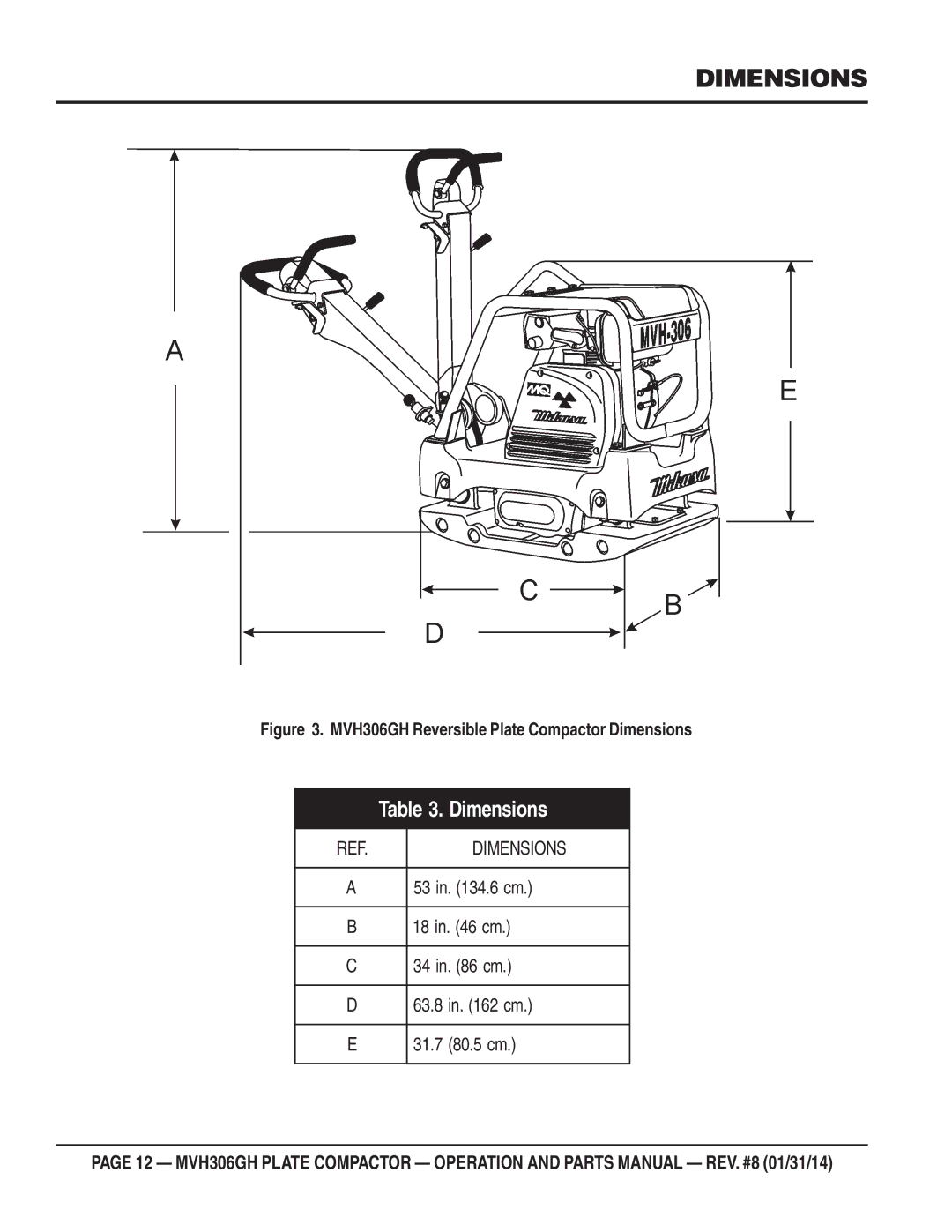 Multiquip manual MVH306GH Reversible Plate Compactor Dimensions 