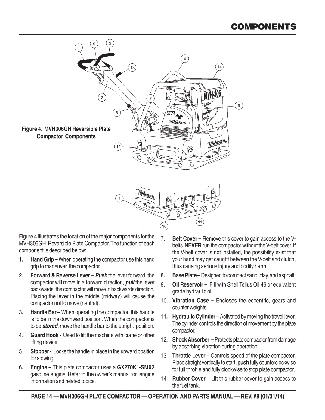 Multiquip manual MVH306GH Reversible Plate Compactor Components 