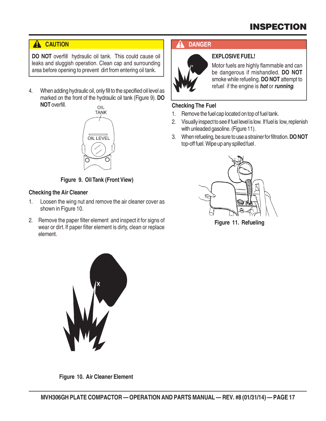 Multiquip MVH306GH manual Oil Tank Front View Checking the Air Cleaner, Checking The Fuel 