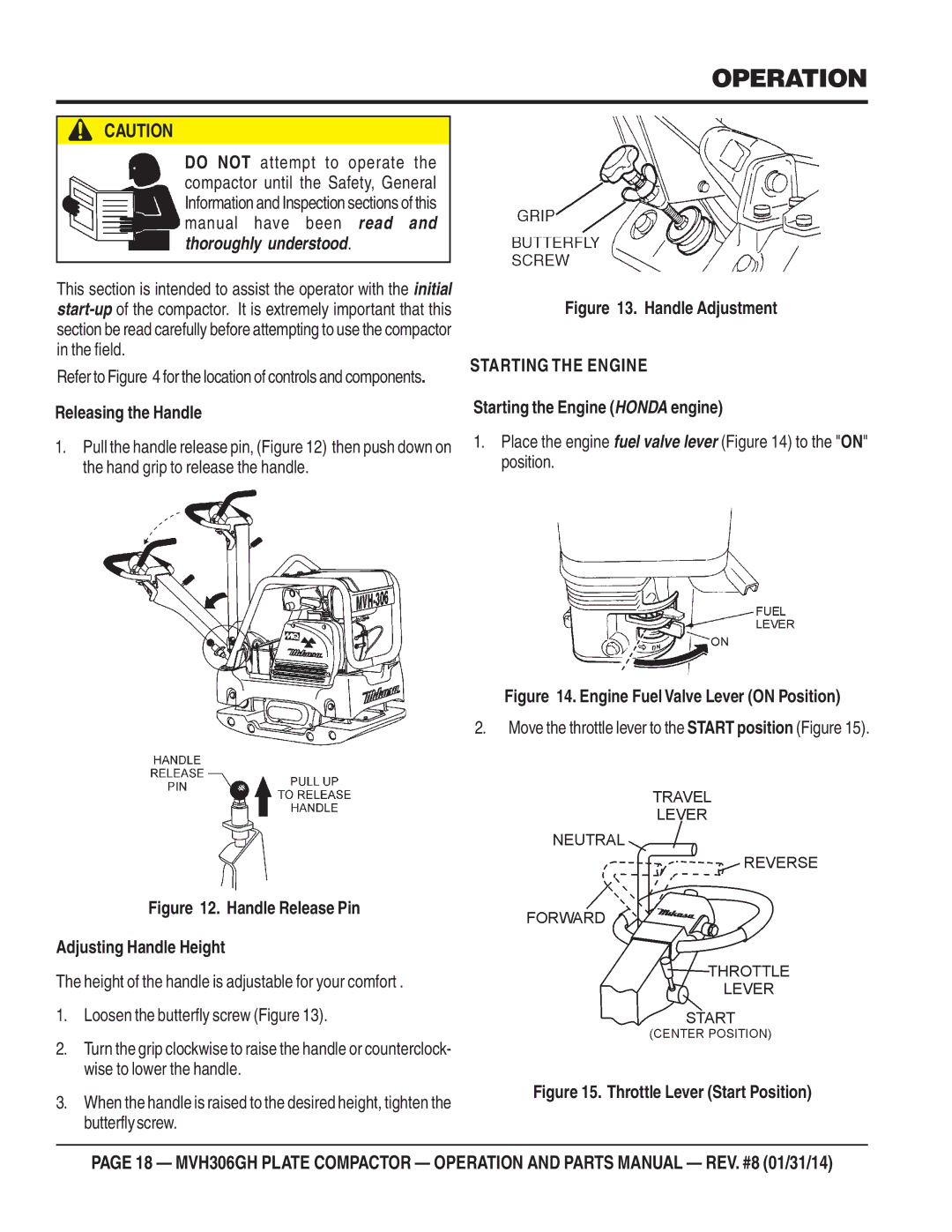 Multiquip MVH306GH manual Operation, Releasing the Handle, Starting the Engine Honda engine 