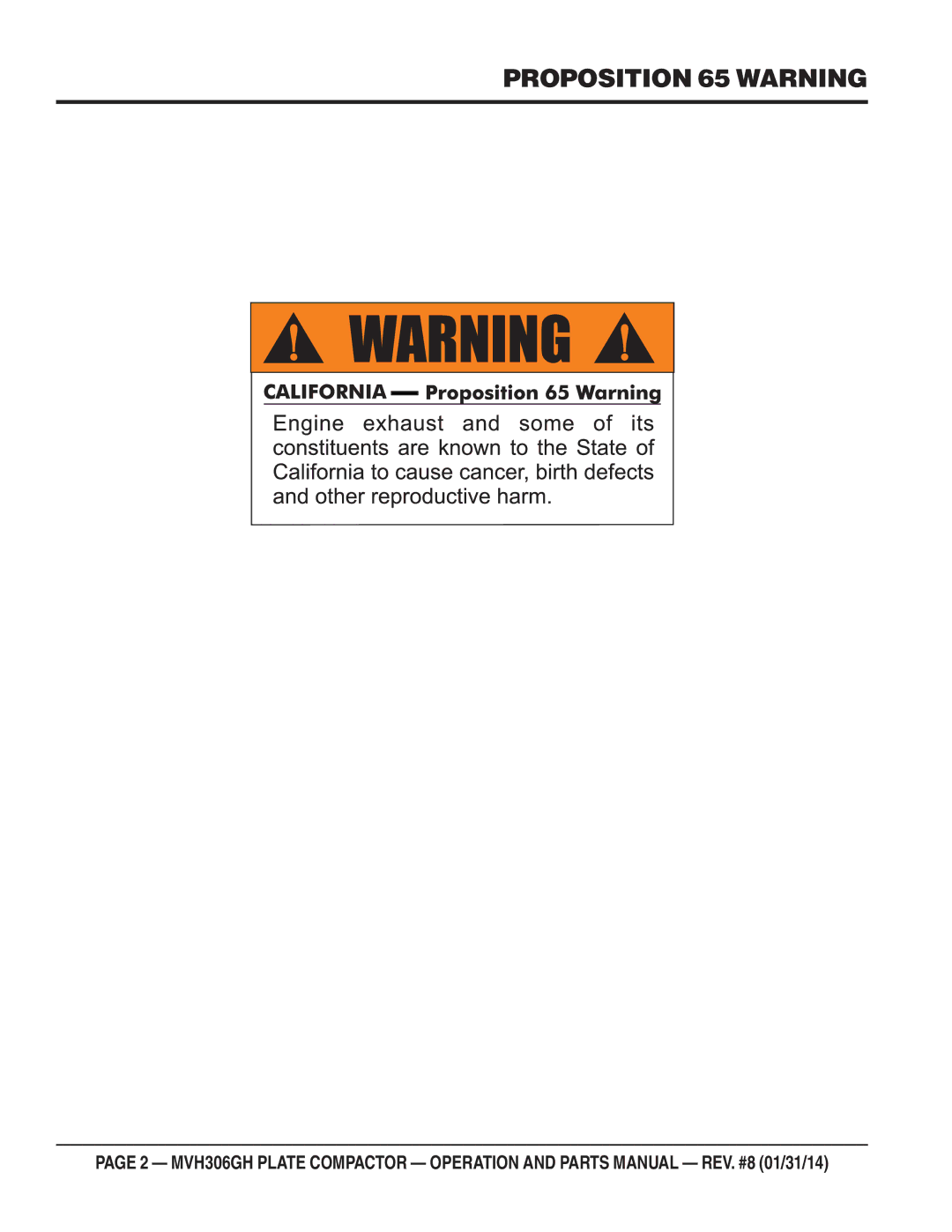 Multiquip MVH306GH manual Proposition 65 Warning 