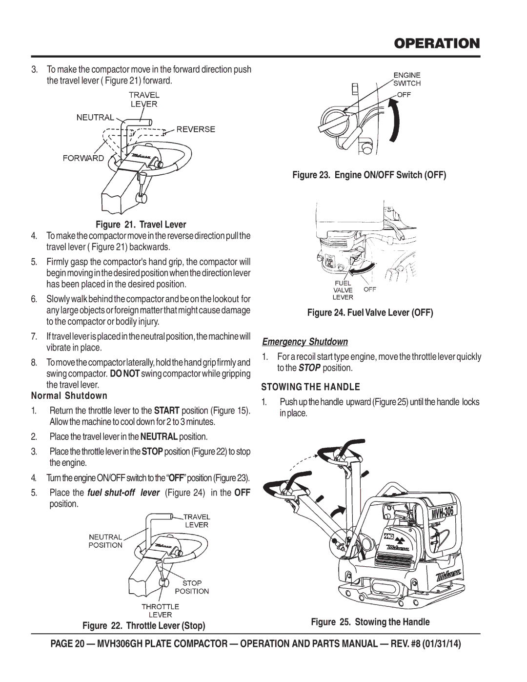 Multiquip MVH306GH manual Travel Lever, Normal Shutdown 