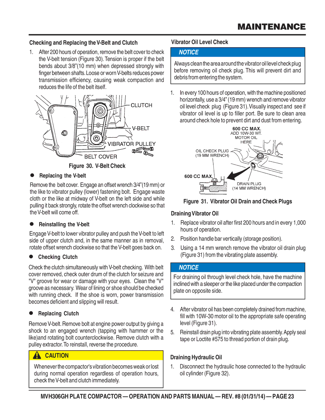 Multiquip MVH306GH manual Checking and Replacing the V-Belt and Clutch,  Reinstalling the V-belt,  Checking Clutch 