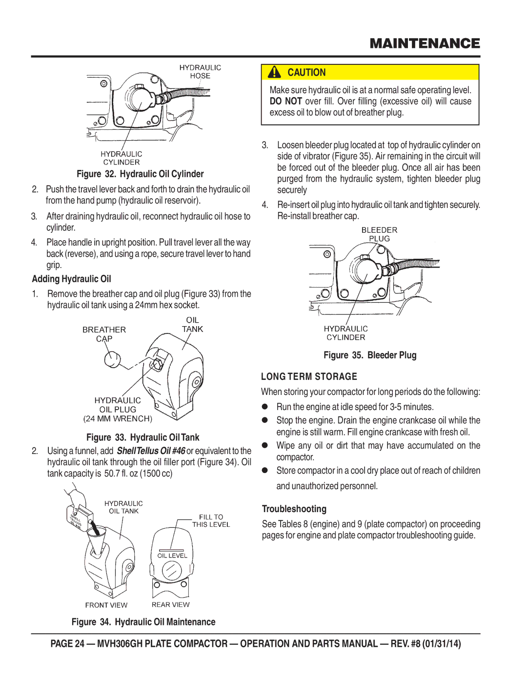 Multiquip MVH306GH manual Adding Hydraulic Oil, Troubleshooting 