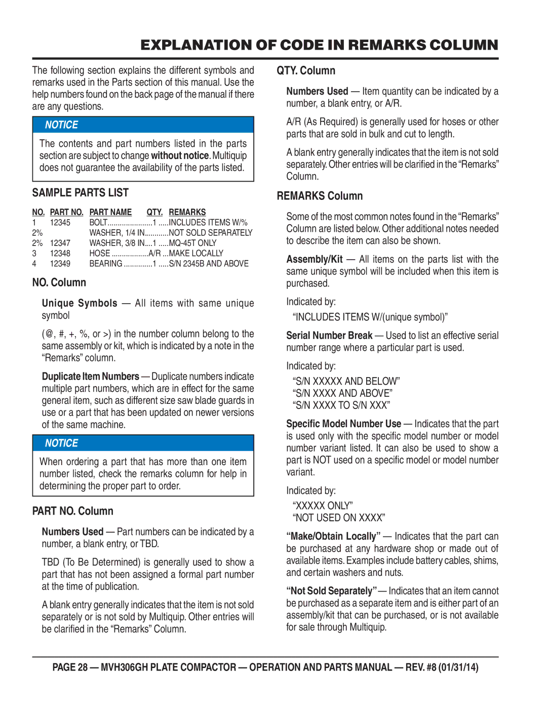 Multiquip MVH306GH manual Explanation of Code in Remarks Column, Xxxxx only Not Used on 