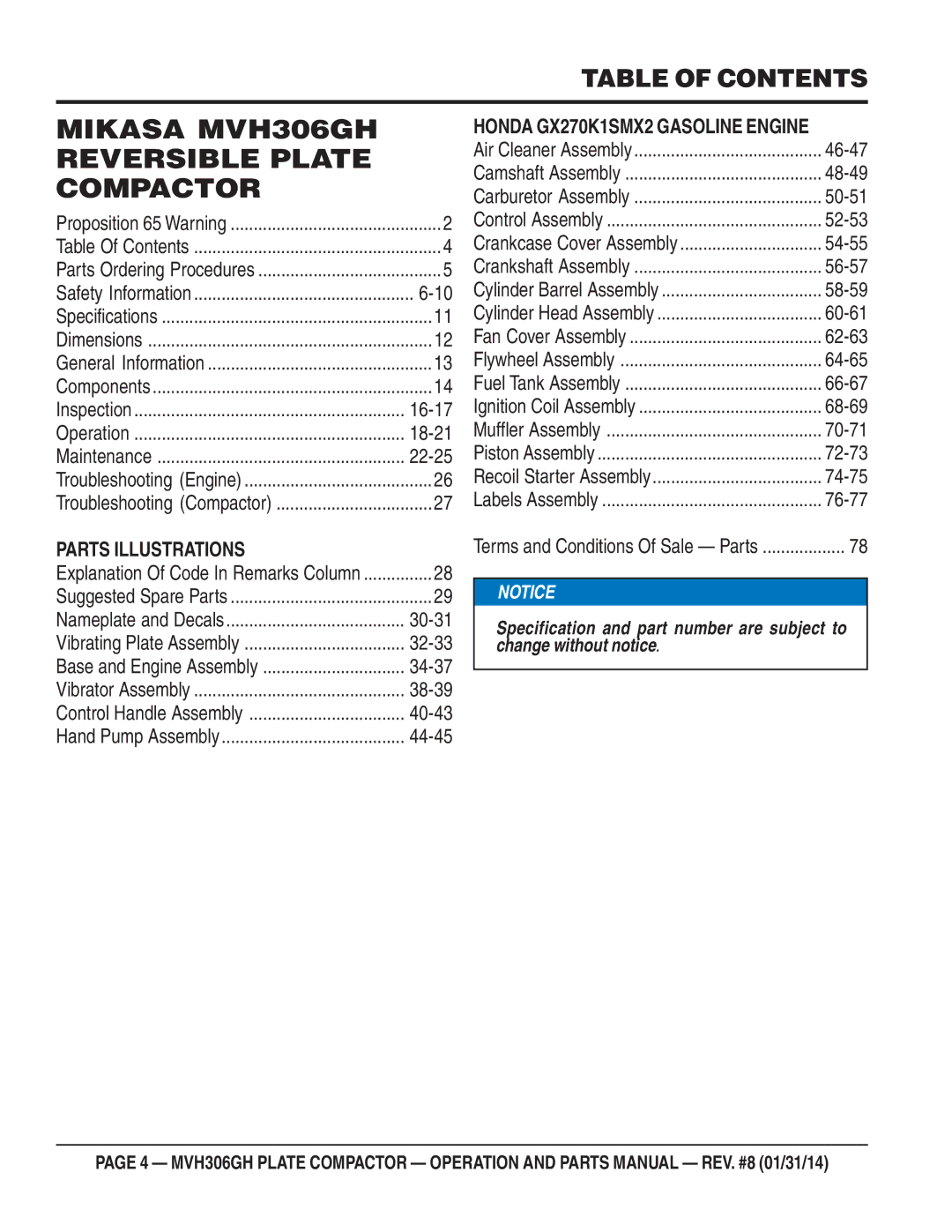 Multiquip manual Mikasa MVH306GH Reversible Plate Compactor, Table of Contents 