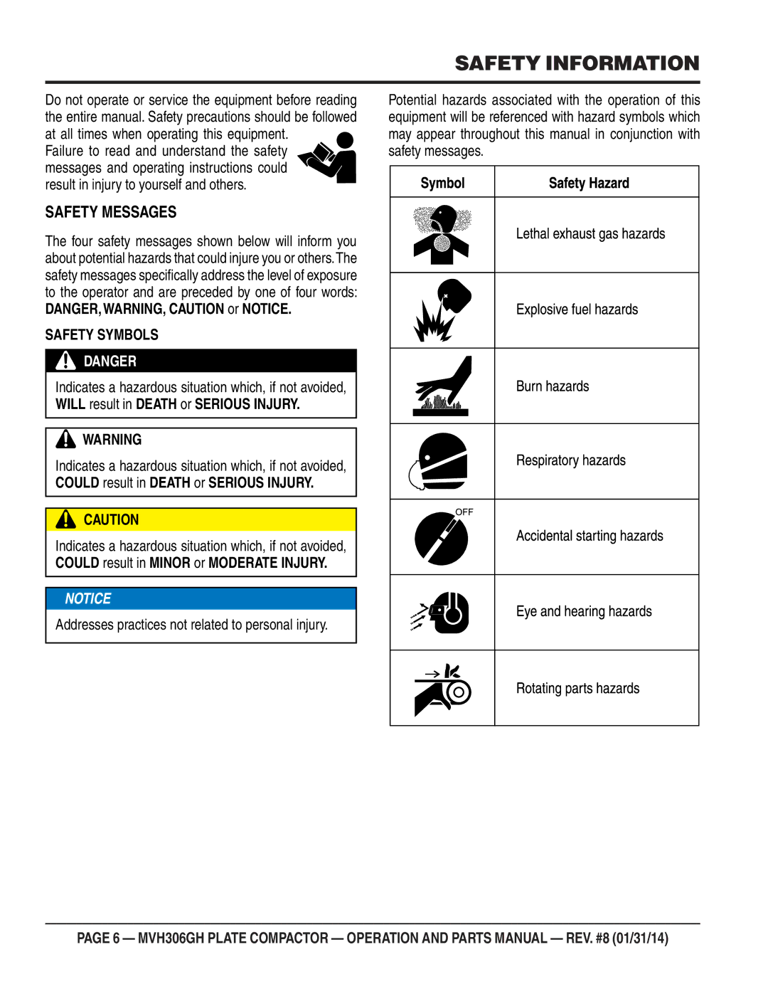 Multiquip MVH306GH manual Safety Information, Safety Messages 