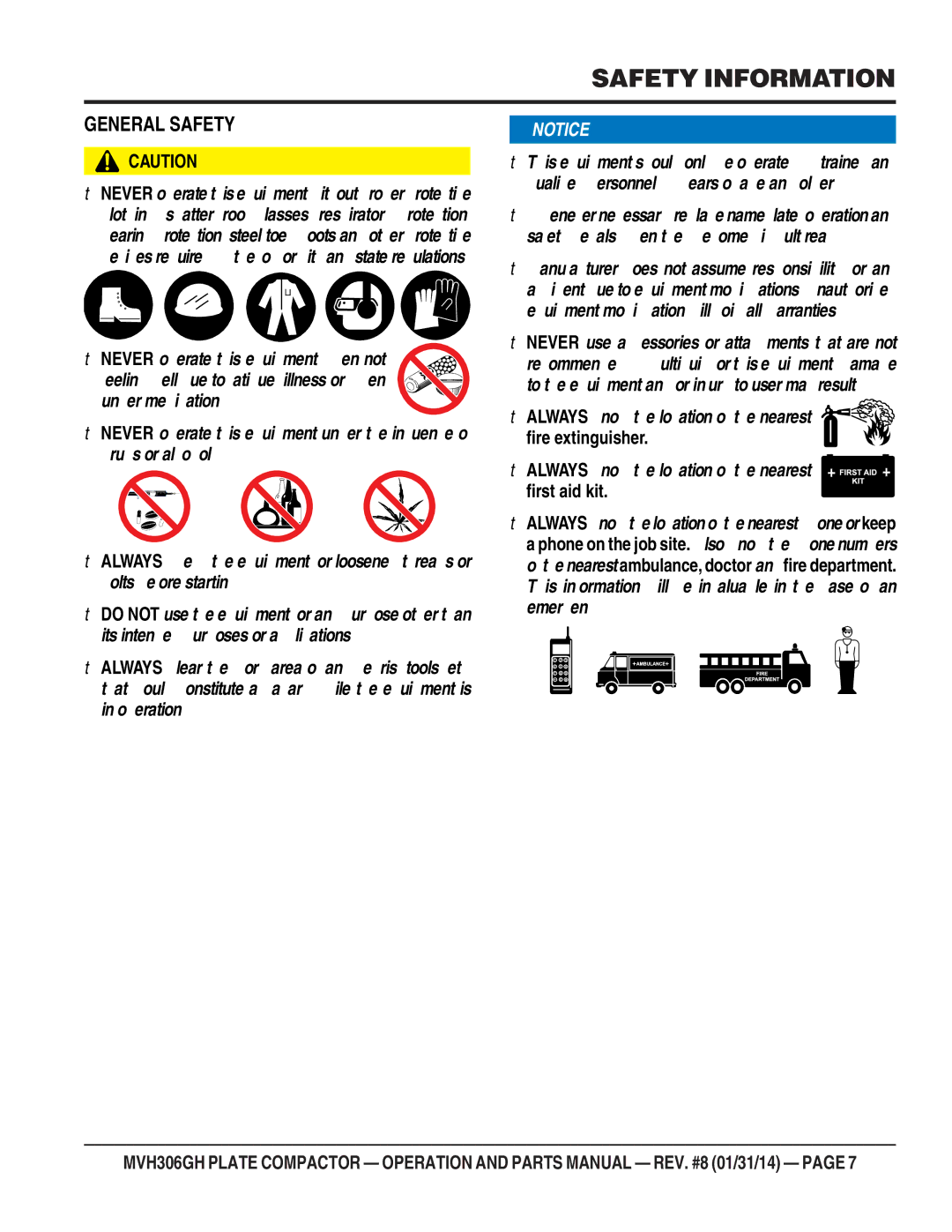 Multiquip MVH306GH manual General Safety 