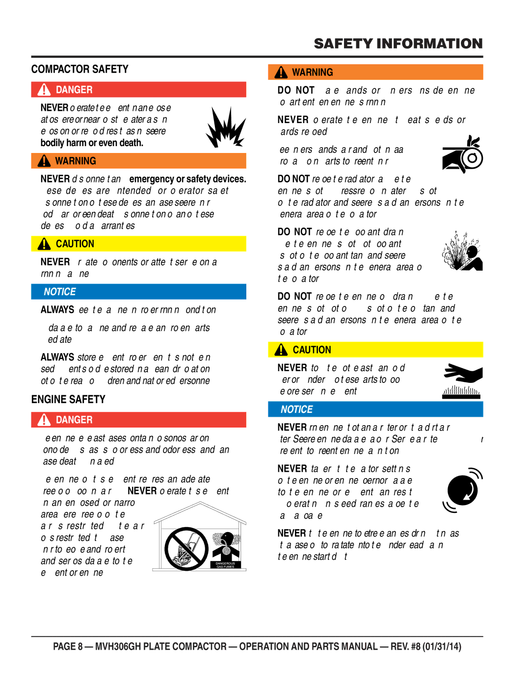 Multiquip MVH306GH manual Compactor Safety 