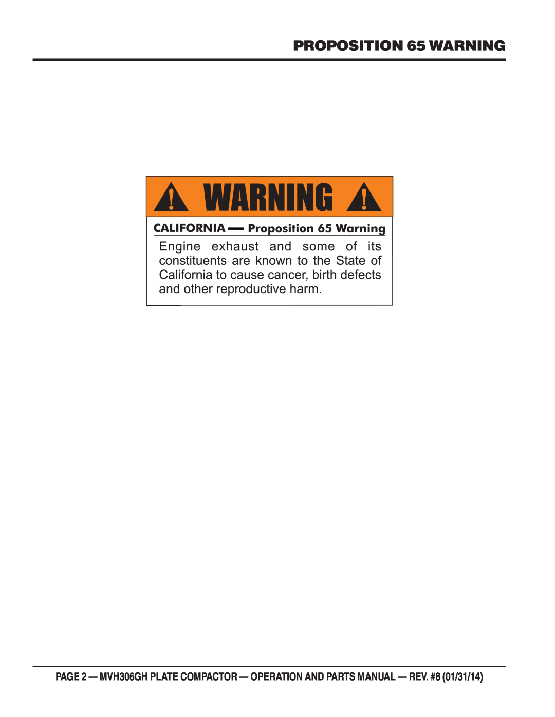 Multiquip MVH306GH manual PROPOSITION 65 WARNING 