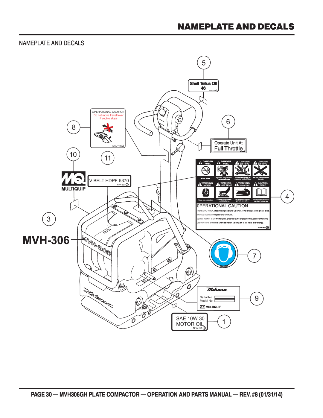 Multiquip MVH306GH Nameplate And Decals, MVH-306, SAE 10W-30, Motor Oil, Shell Tellus Oil, V BELT HDPF-5370, Serial No 
