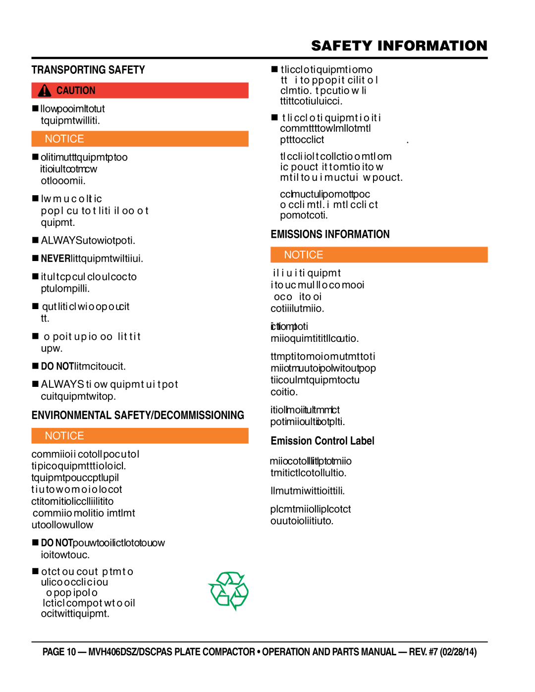 Multiquip MVH406DSZ, MVH406DSCPAS manual TRanspORTing saFeTY, EnviROnmenTaL saFeTY/deCOmmissiOning, EmissiOns inFORmaTiOn 