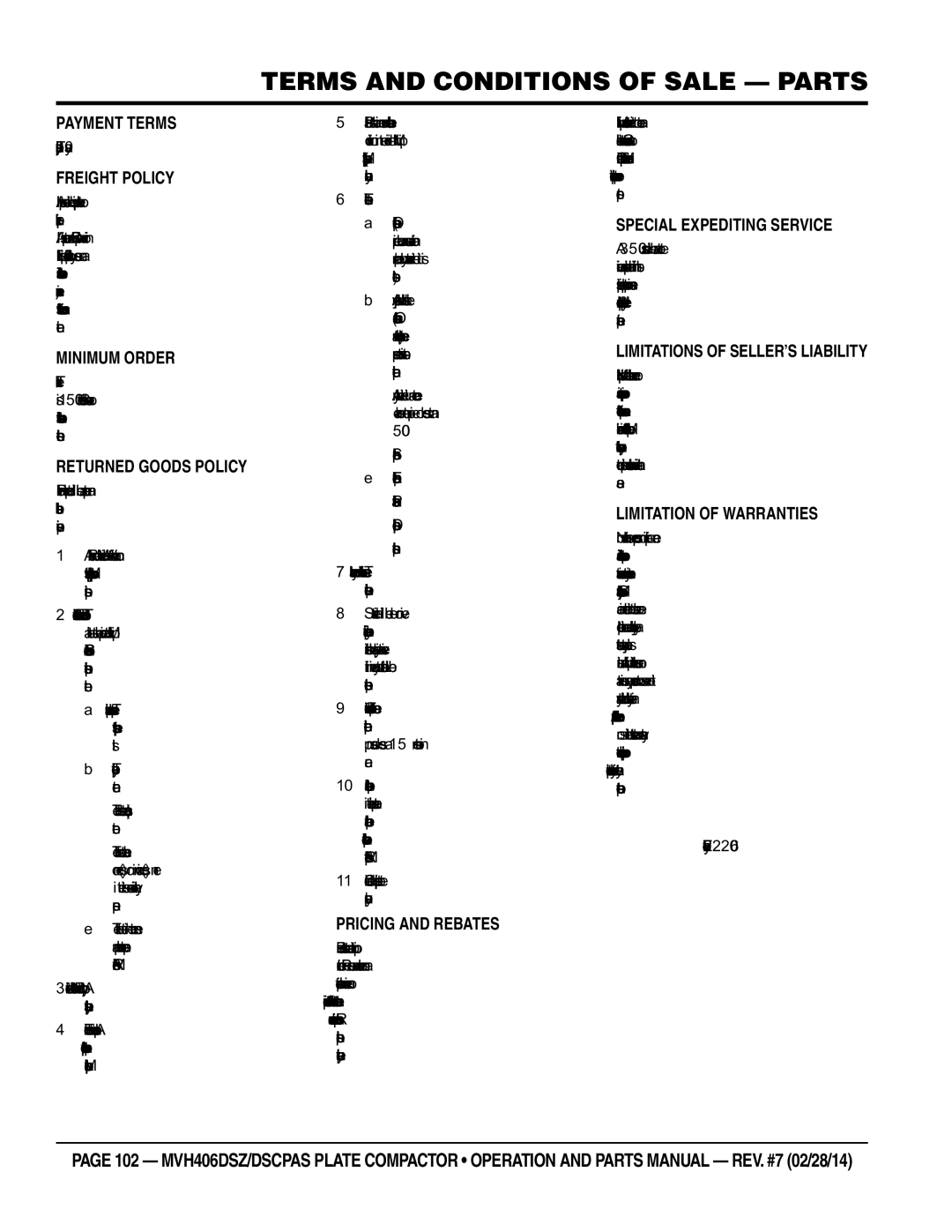 Multiquip MVH406DSZ, MVH406DSCPAS manual Terms and Conditions of Sale Parts, FReighT pOLiCY 