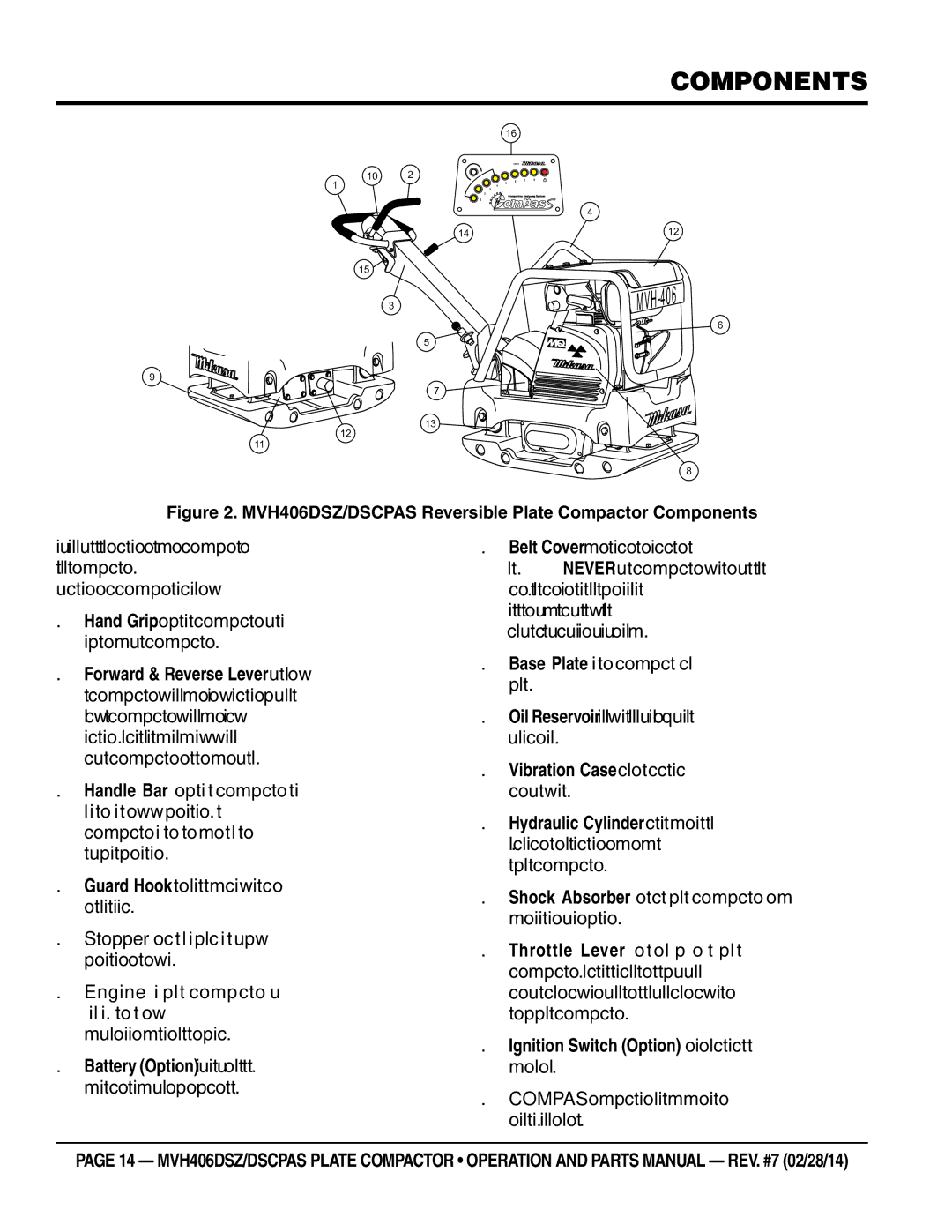 Multiquip MVH406DSCPAS manual MVH406DSZ/DSCPAS Reversible Plate Compactor Components 