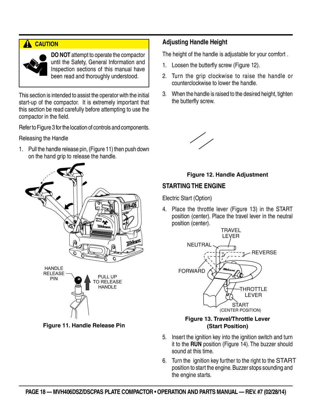 Multiquip MVH406DSZ manual Operation, Adjusting Handle Height, Releasing the Handle, Electric Start Option, Position center 