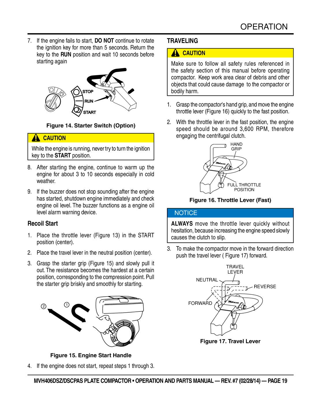 Multiquip MVH406DSCPAS, MVH406DSZ manual Recoil Start, Place the throttle lever in the Start position center 