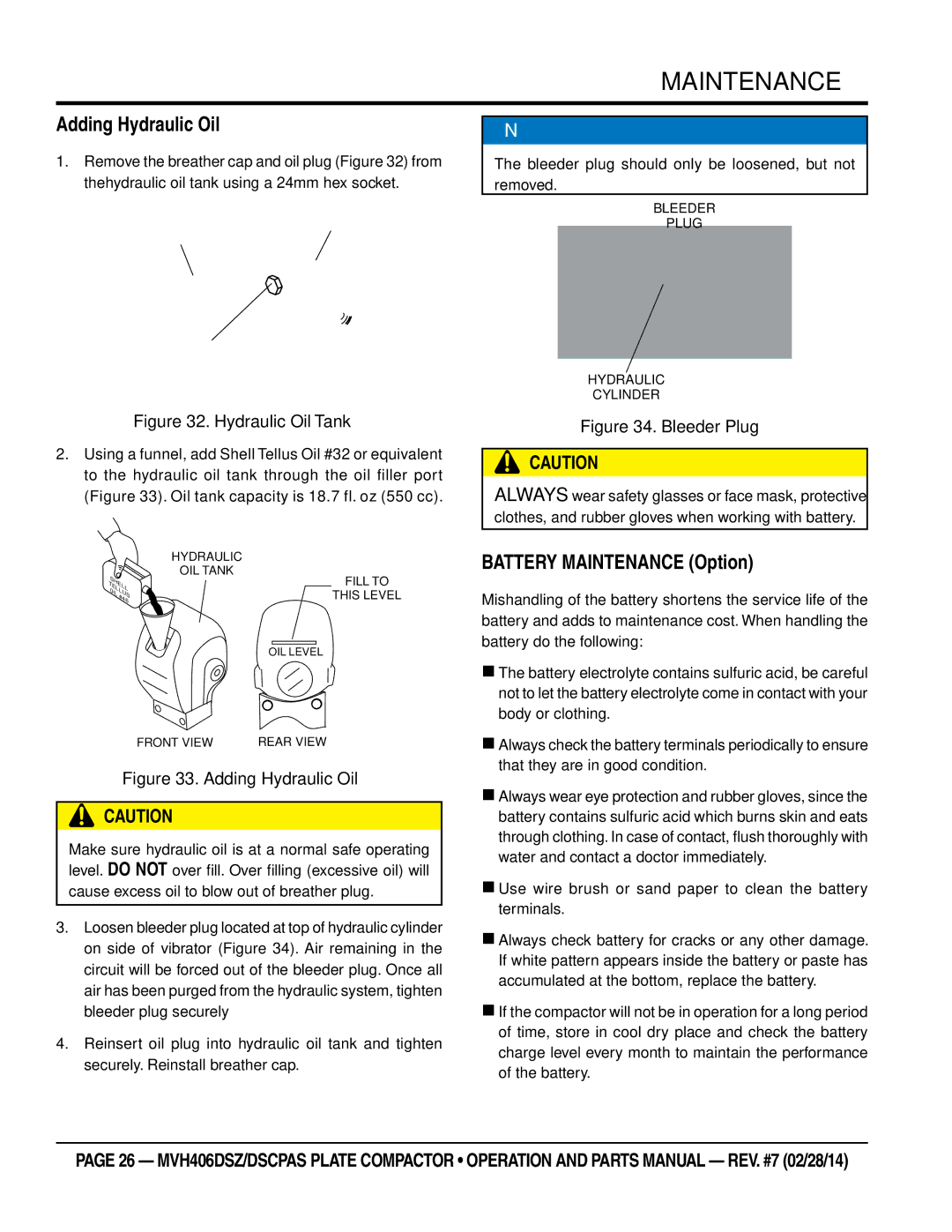 Multiquip MVH406DSZ, MVH406DSCPAS manual Adding Hydraulic Oil, Battery Maintenance Option 