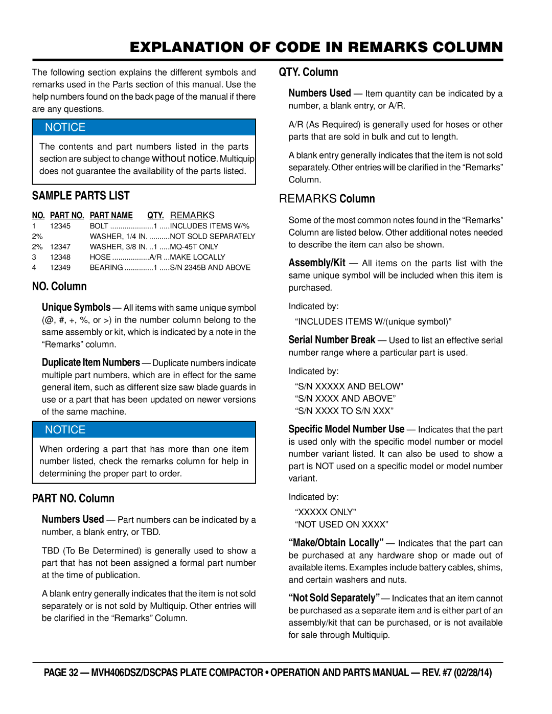 Multiquip MVH406DSZ, MVH406DSCPAS manual Explanation of Code in Remarks Column 