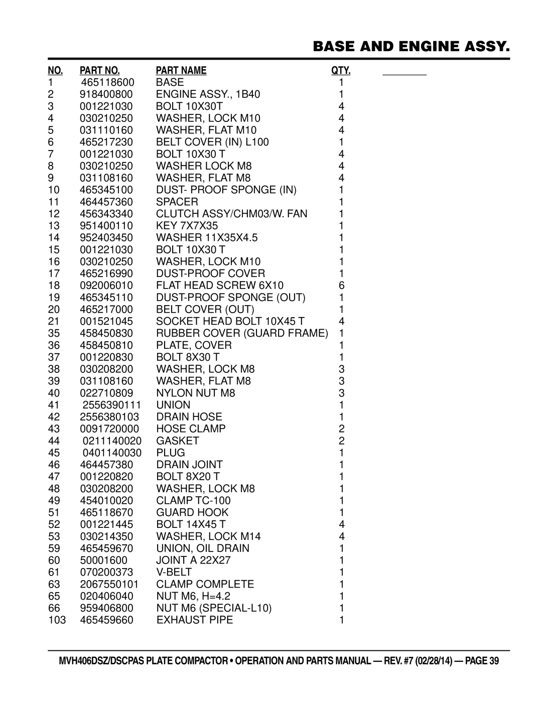 Multiquip MVH406DSCPAS Base, Engine ASSY., 1B40, Bolt 10X30T, Belt Cover in L100, Washer Lock M8, WASHER, Flat M8, Spacer 