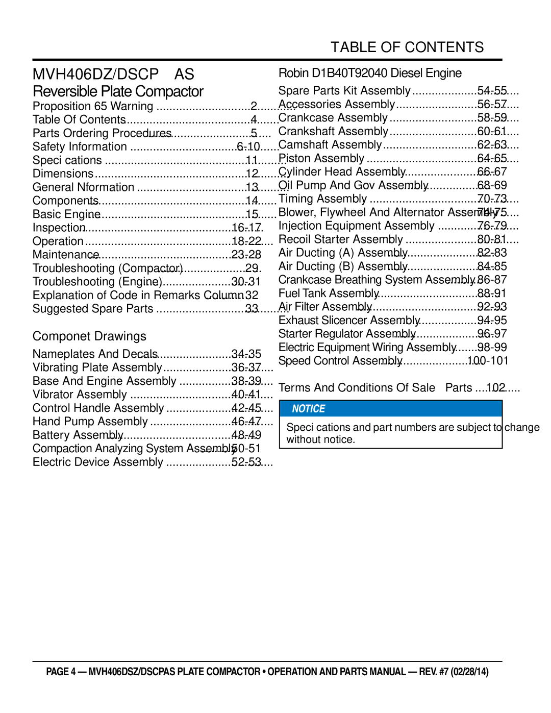 Multiquip MVH406DSZ, MVH406DSCPAS manual MVH406DZ/DSCPAS Reversible Plate Compactor, Table of Contents 