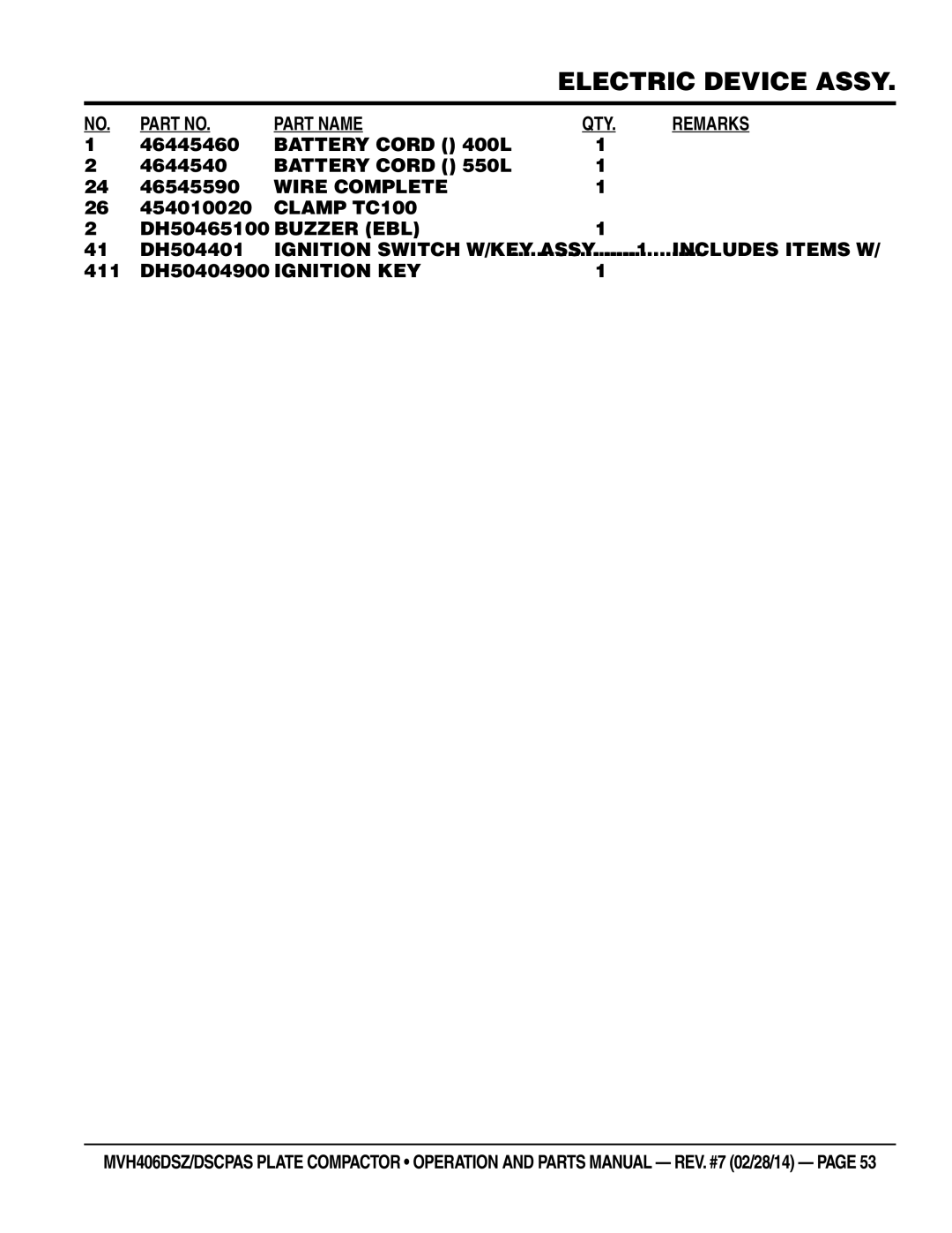 Multiquip MVH406DSCPAS, MVH406DSZ manual Wire Complete, Buzzer EBL, Ignition KEY 