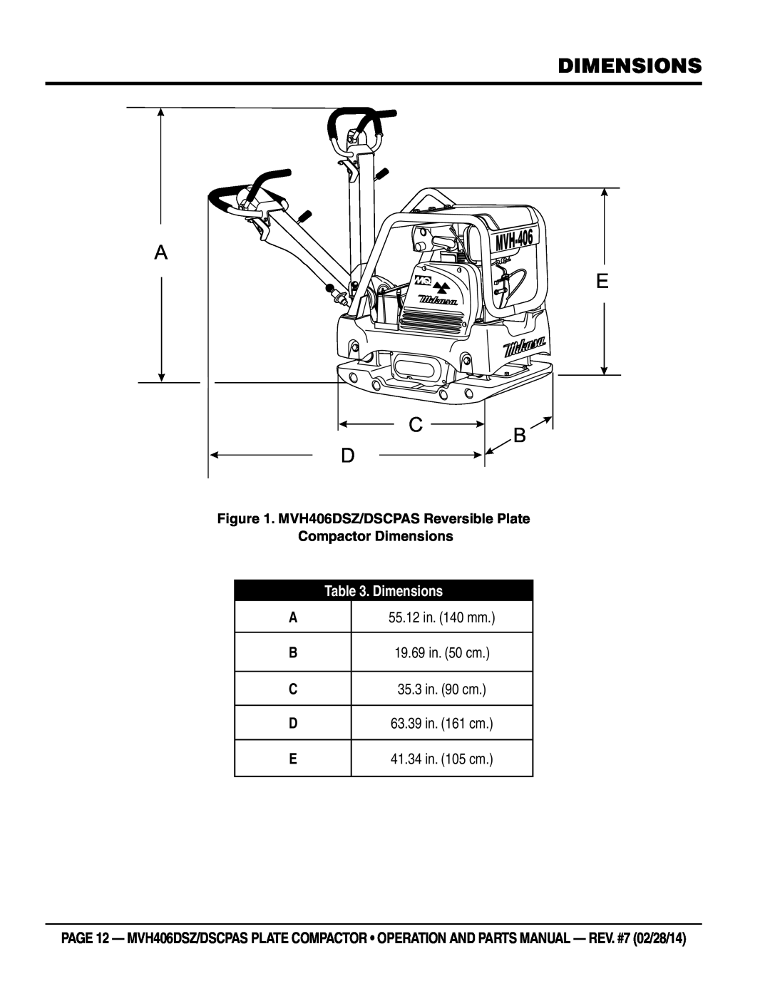 Multiquip manual dimensions, A E C B D, MVH406DSZ/DSCPAS Reversible Plate Compactor Dimensions, 55.12 in. 140 mm 