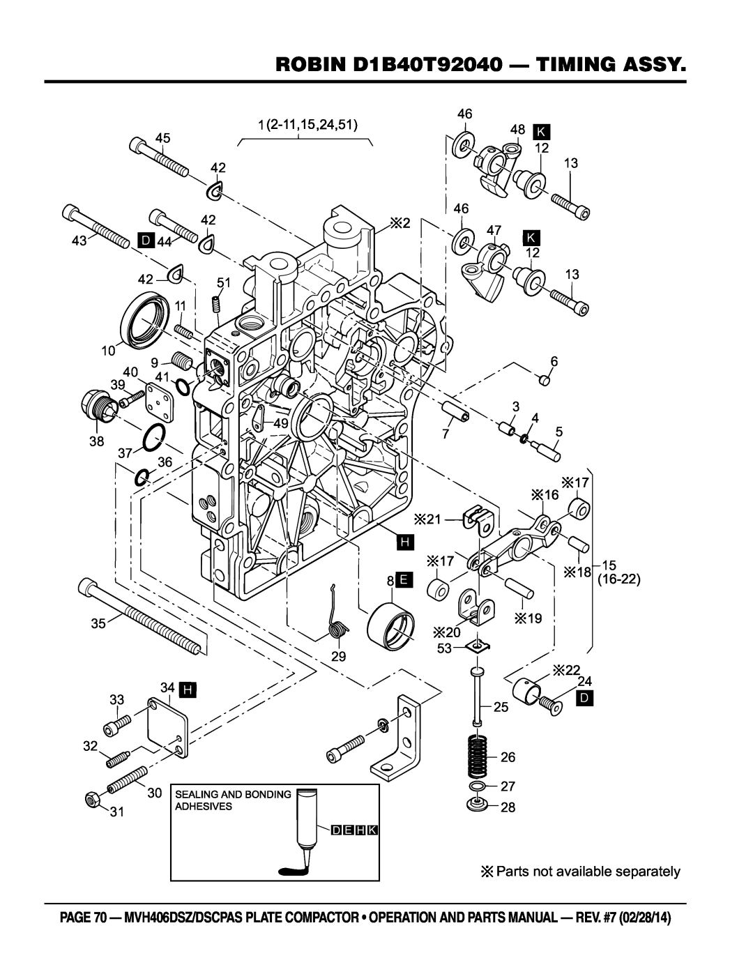 Multiquip MVH406DSZ, MVH406DSCPAS manual ROBIN D1B40T92040 - timing ASSY, Parts not available separately, D E H K 