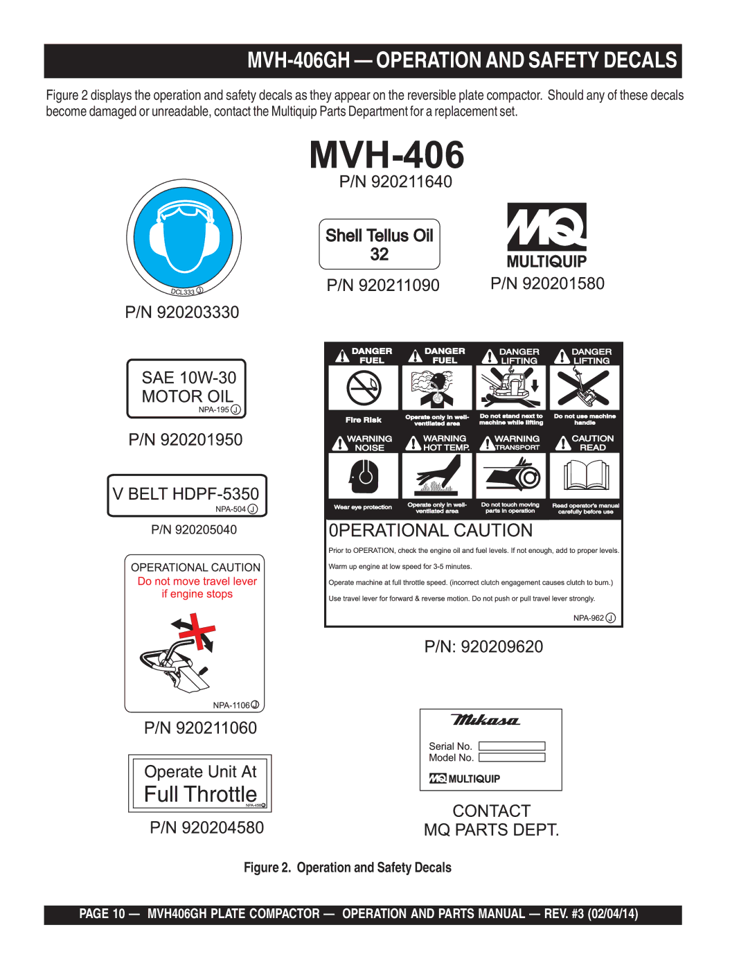 Multiquip MVH406GH manual MVH-406GH Operation and Safety Decals 