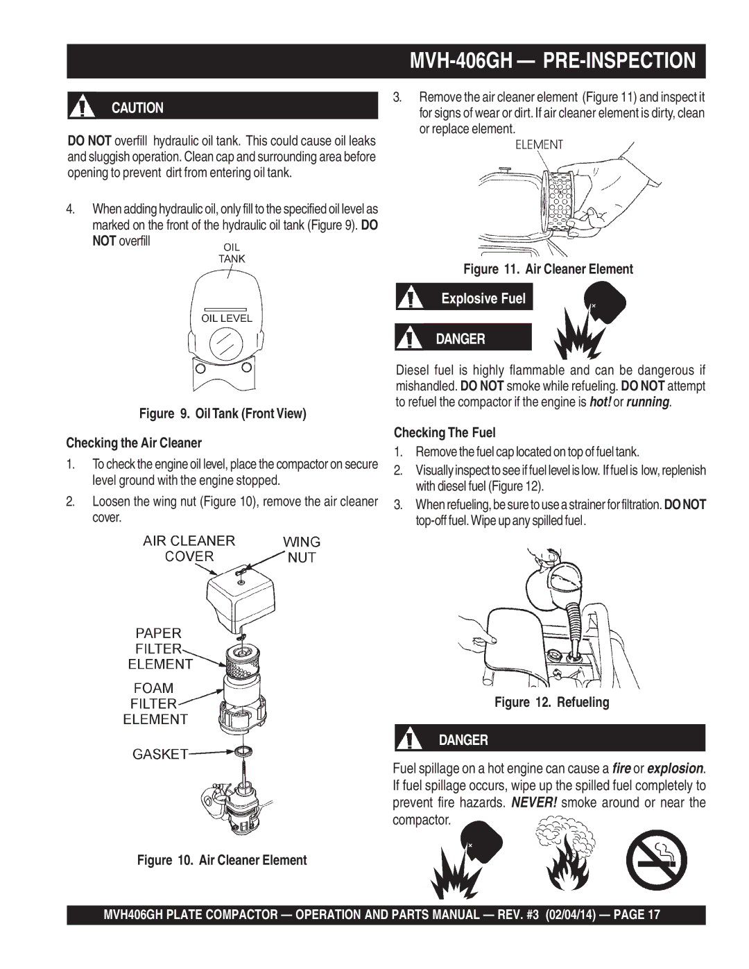 Multiquip MVH406GH manual Oil Tank Front View Checking the Air Cleaner, Checking The Fuel 