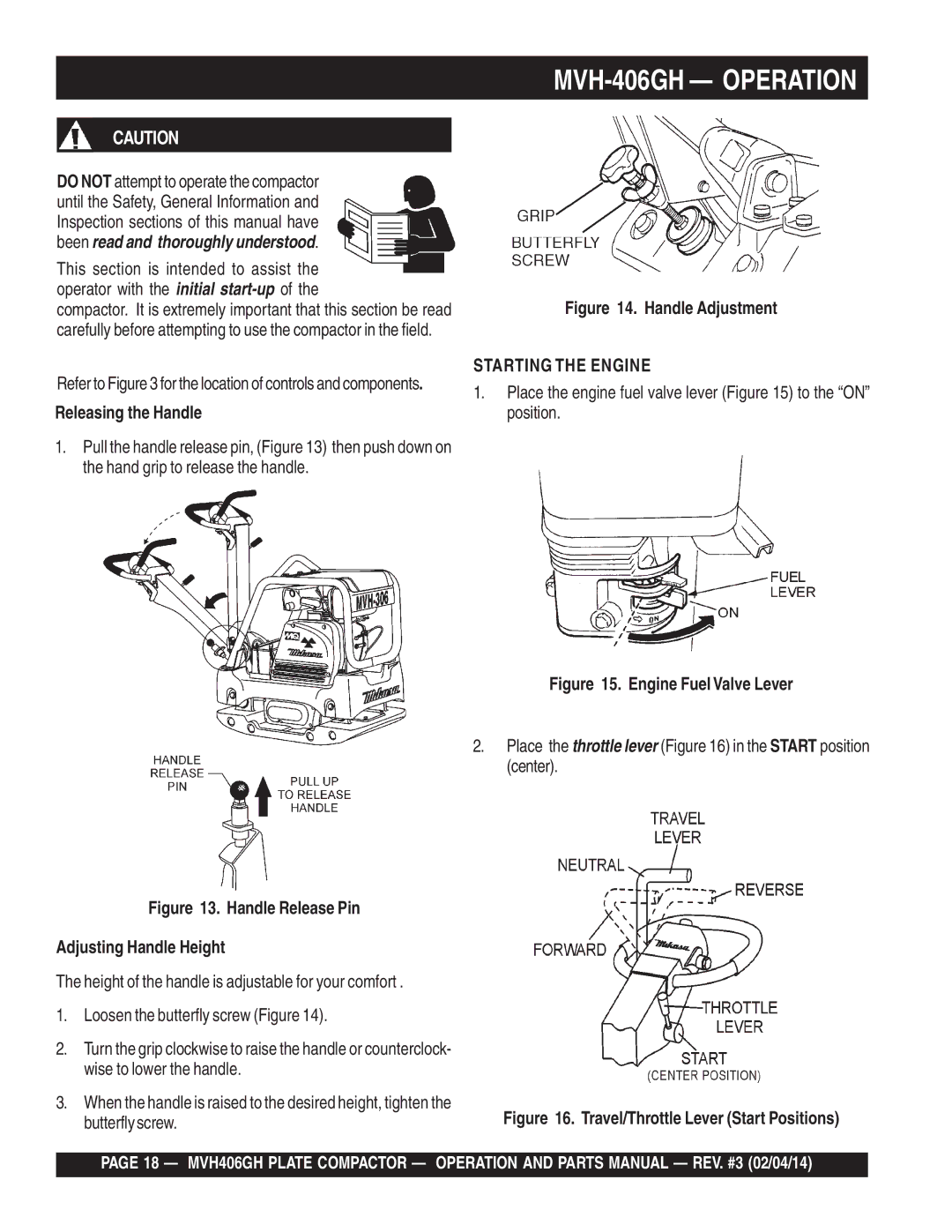 Multiquip MVH406GH manual MVH-406GH Operation, Releasing the Handle 