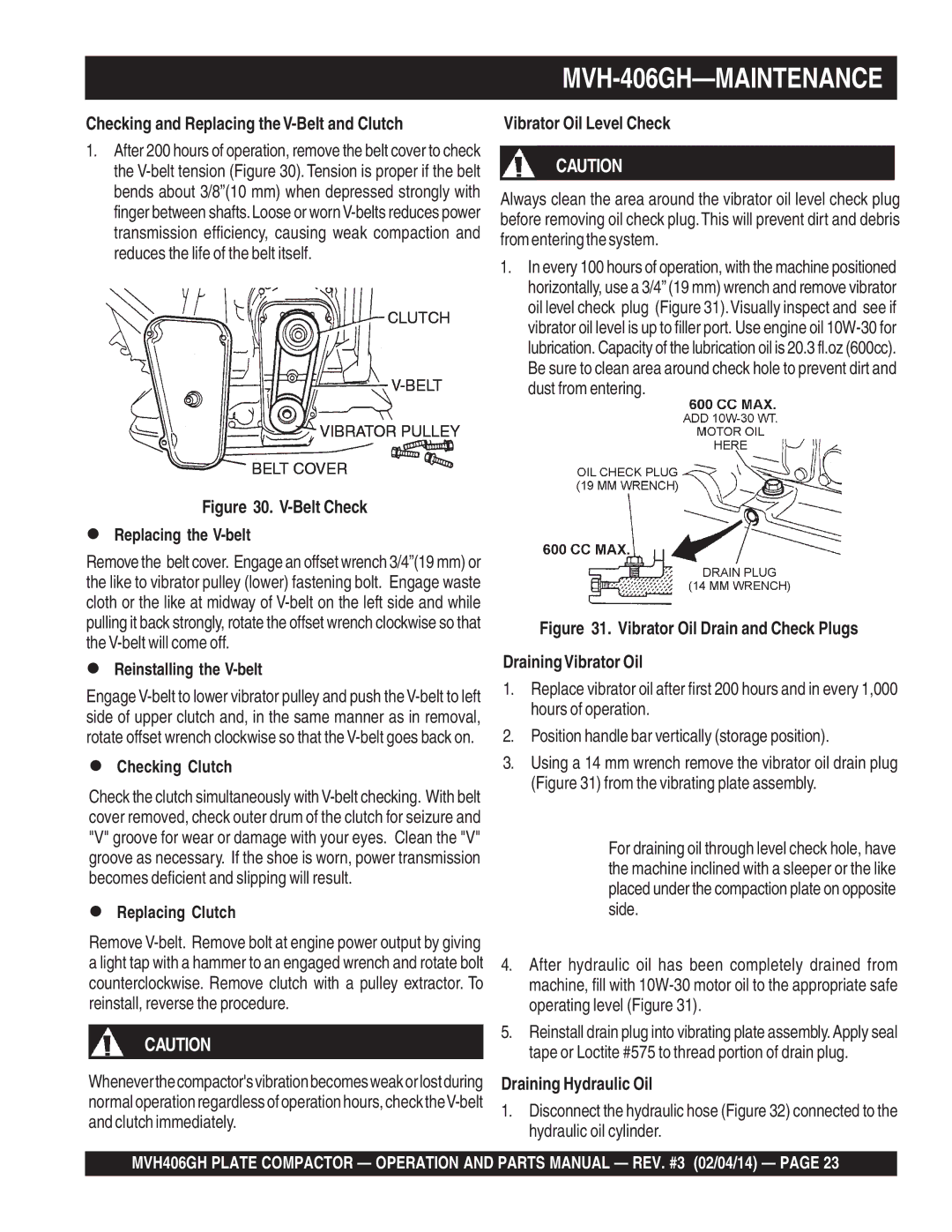 Multiquip MVH406GH manual Checking and Replacing the V-Belt and Clutch,  Reinstalling the V-belt,  Checking Clutch 