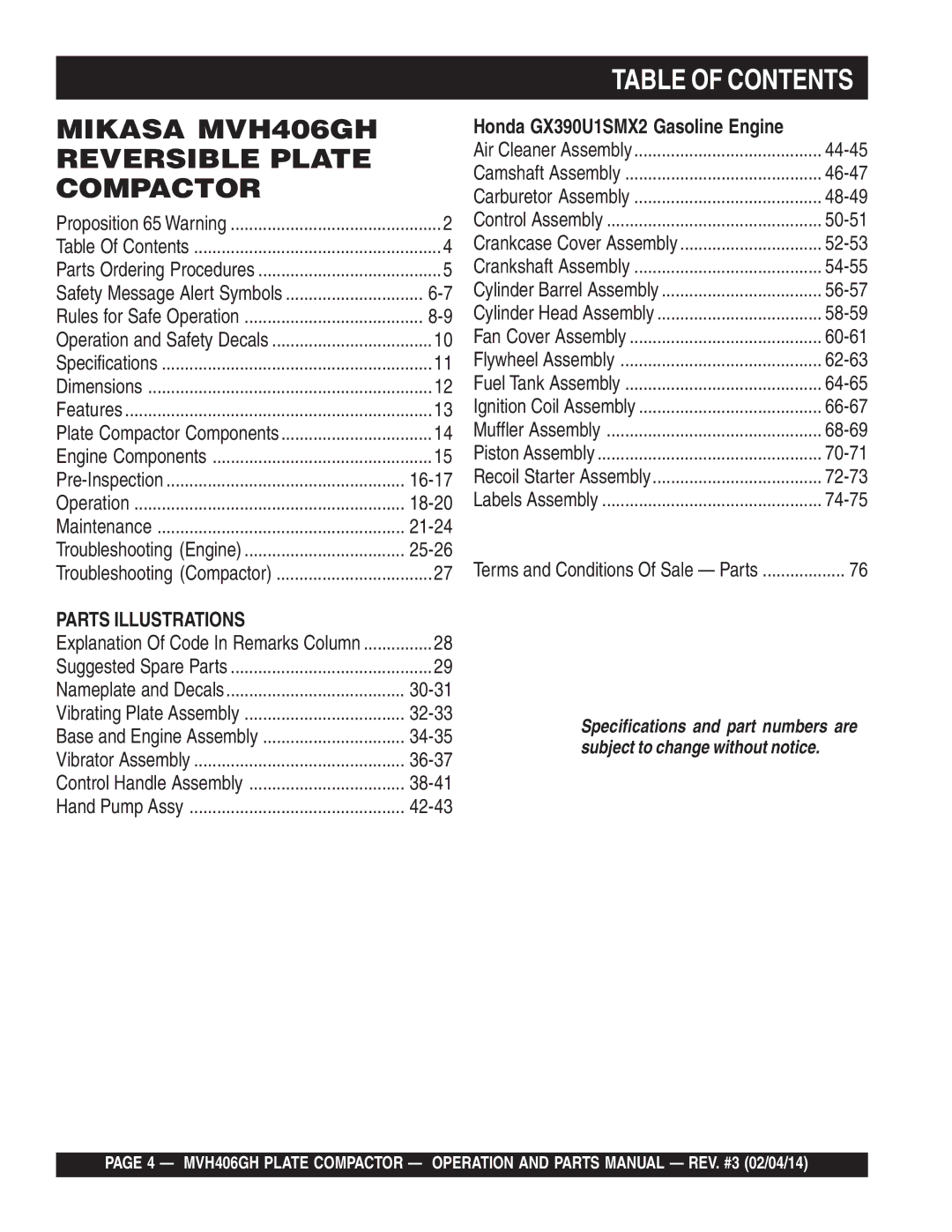 Multiquip MVH406GH manual Table of Contents 