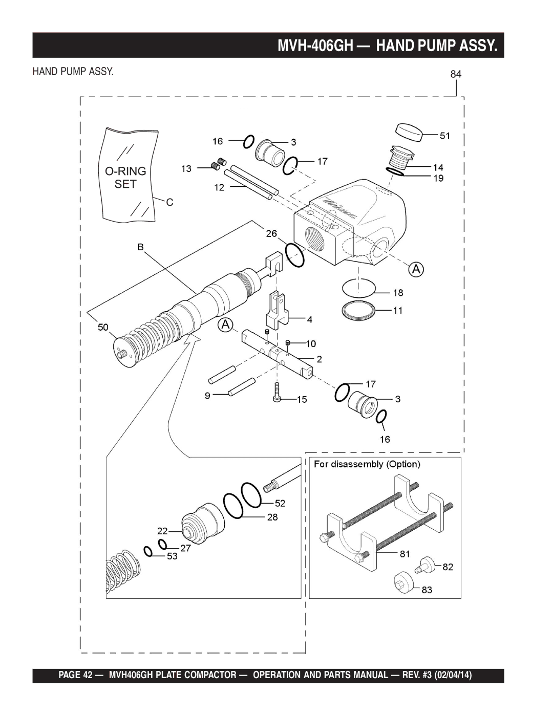 Multiquip MVH406GH manual MVH-406GH Hand Pump Assy 